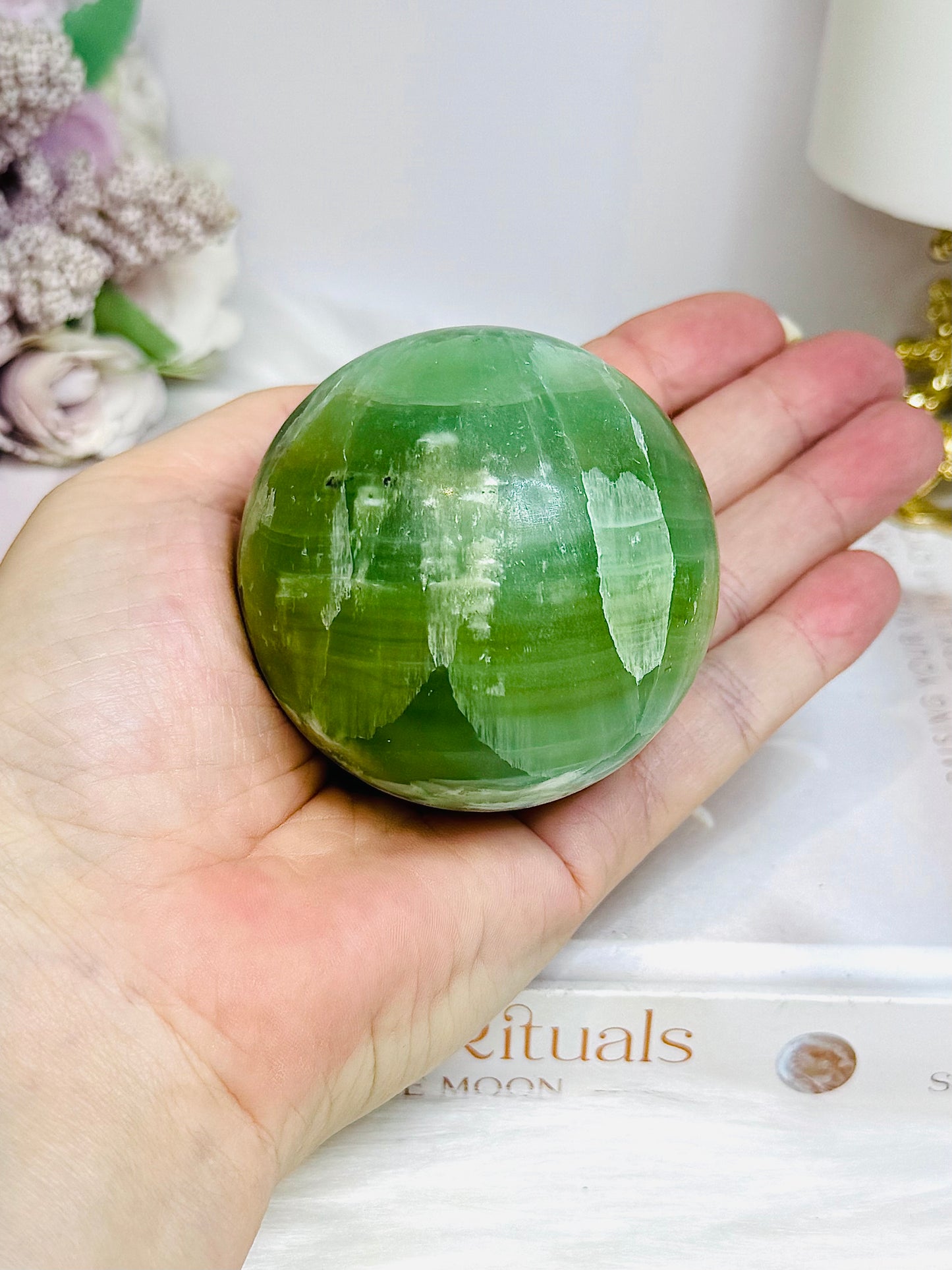 Green Calcite Druzy Sphere on Stand 351g