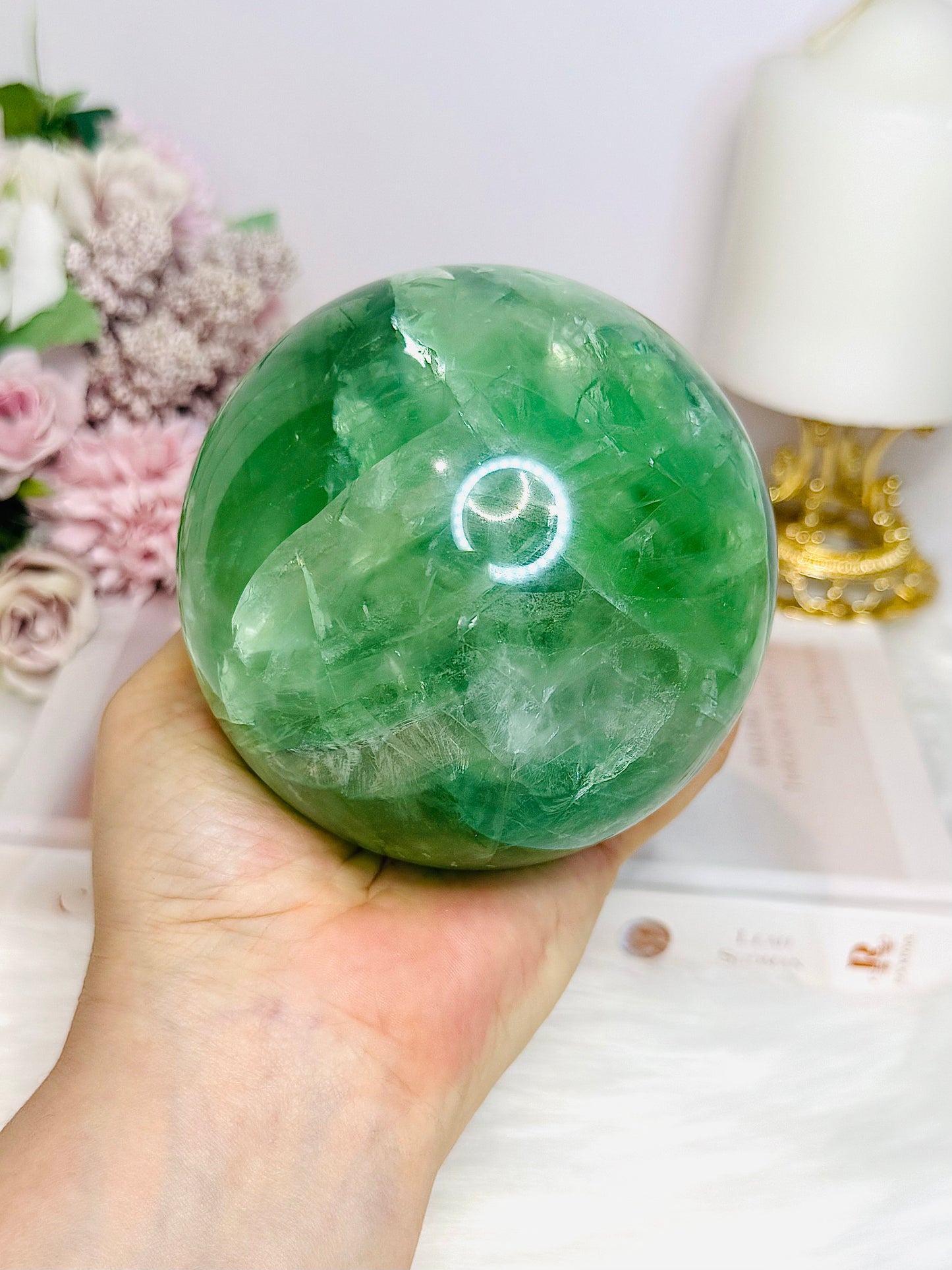 Huge Green Fluorite Sphere with Rainbows On Tall Glass Stand 1.4KG (stand can be changed)