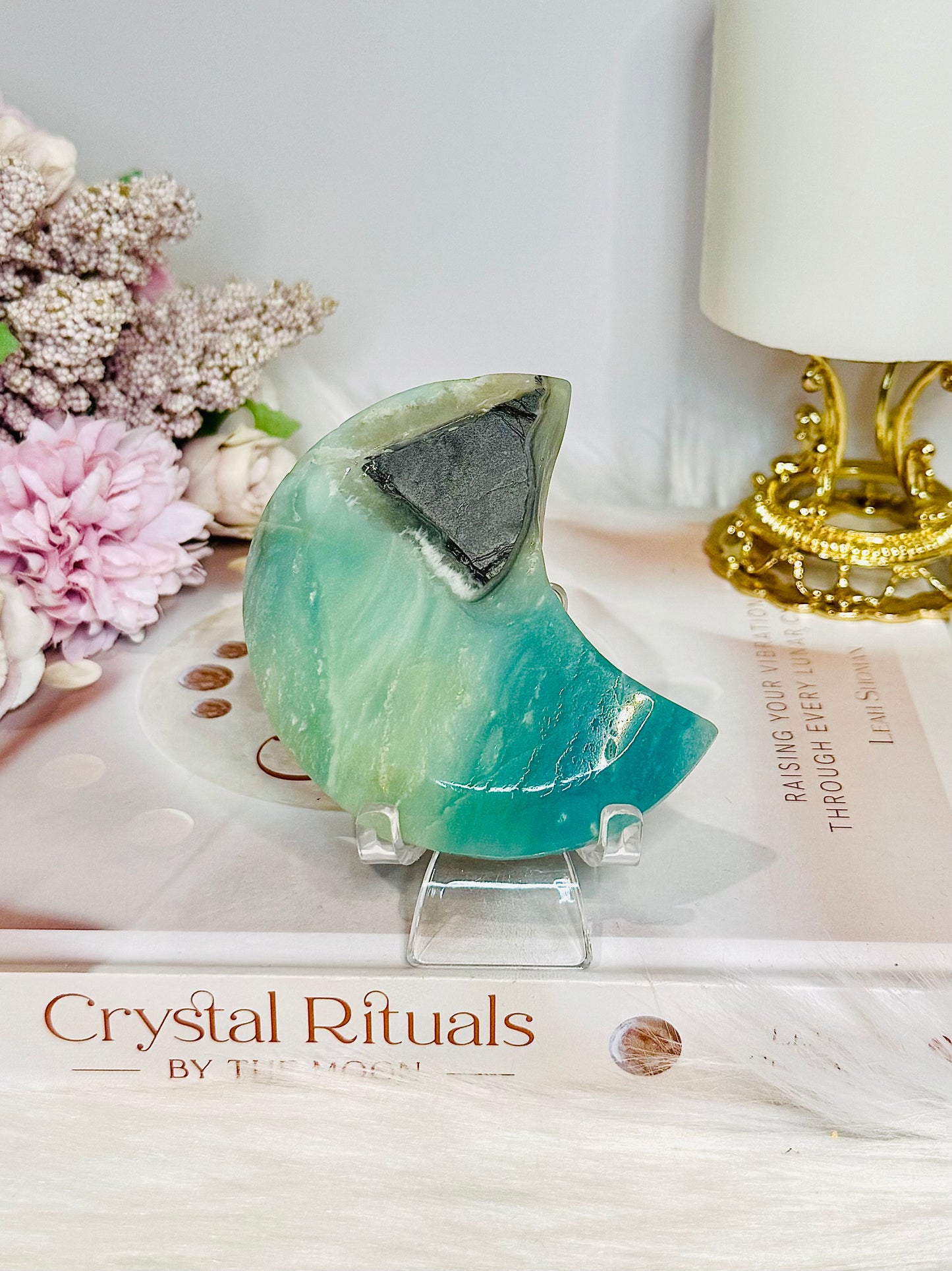 Sky Blue Quartz Carved Moon On Stand 8cm