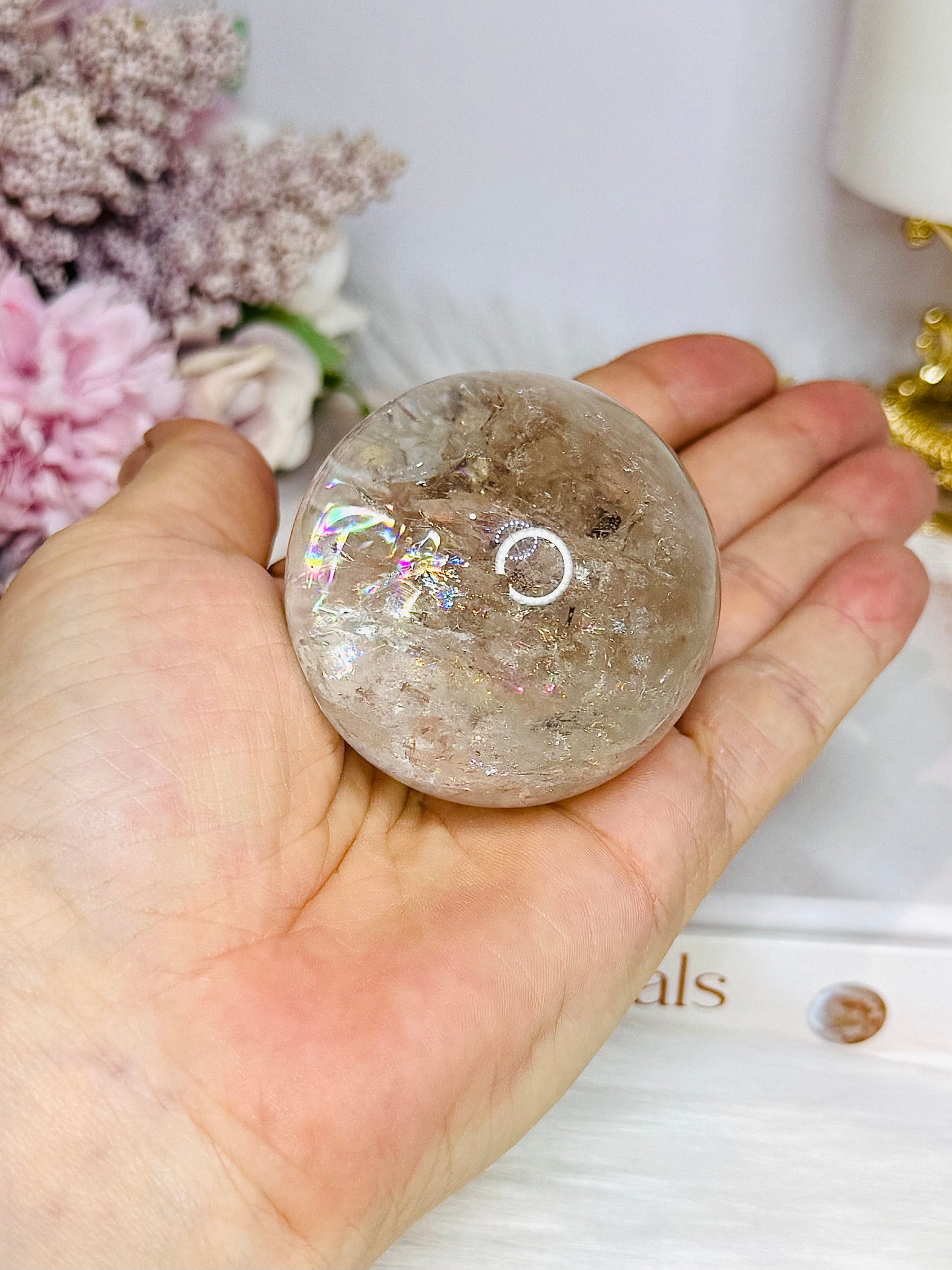 High Grade Light Smokey Quartz Sphere with Rainbows on Stand 186g