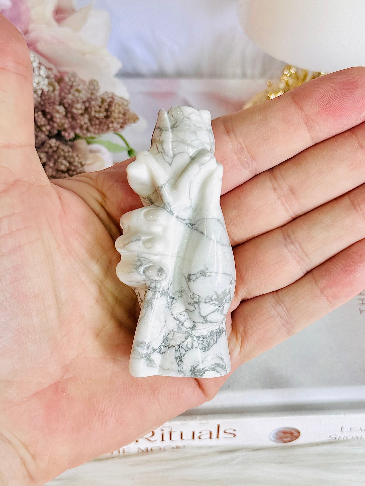 Supports Anxiety & Depression ~ Perfectly Carved Howlite Hand Holding A Rose