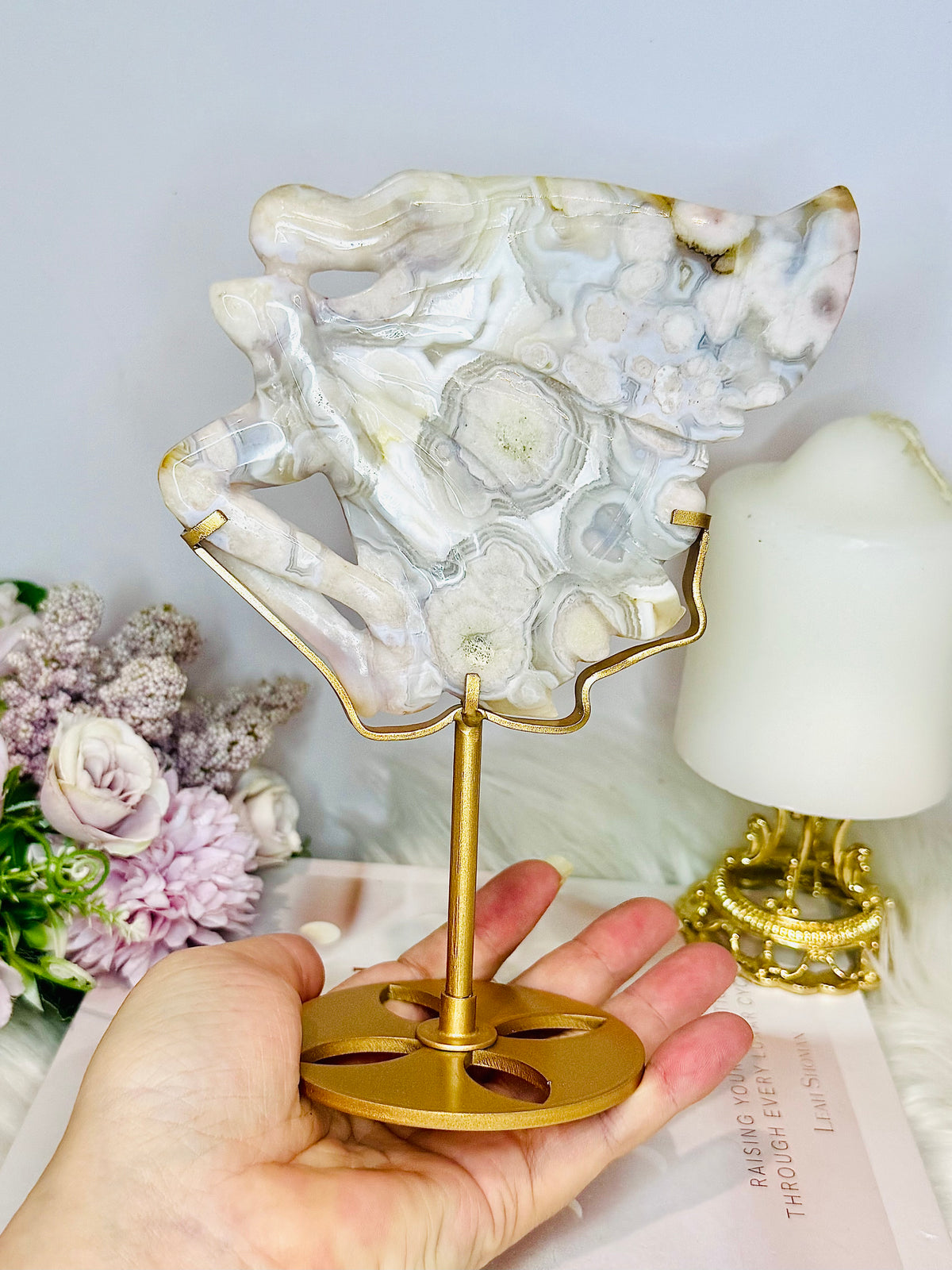 High Grade Flower Agate Fairy | Angel on Stand 19cm