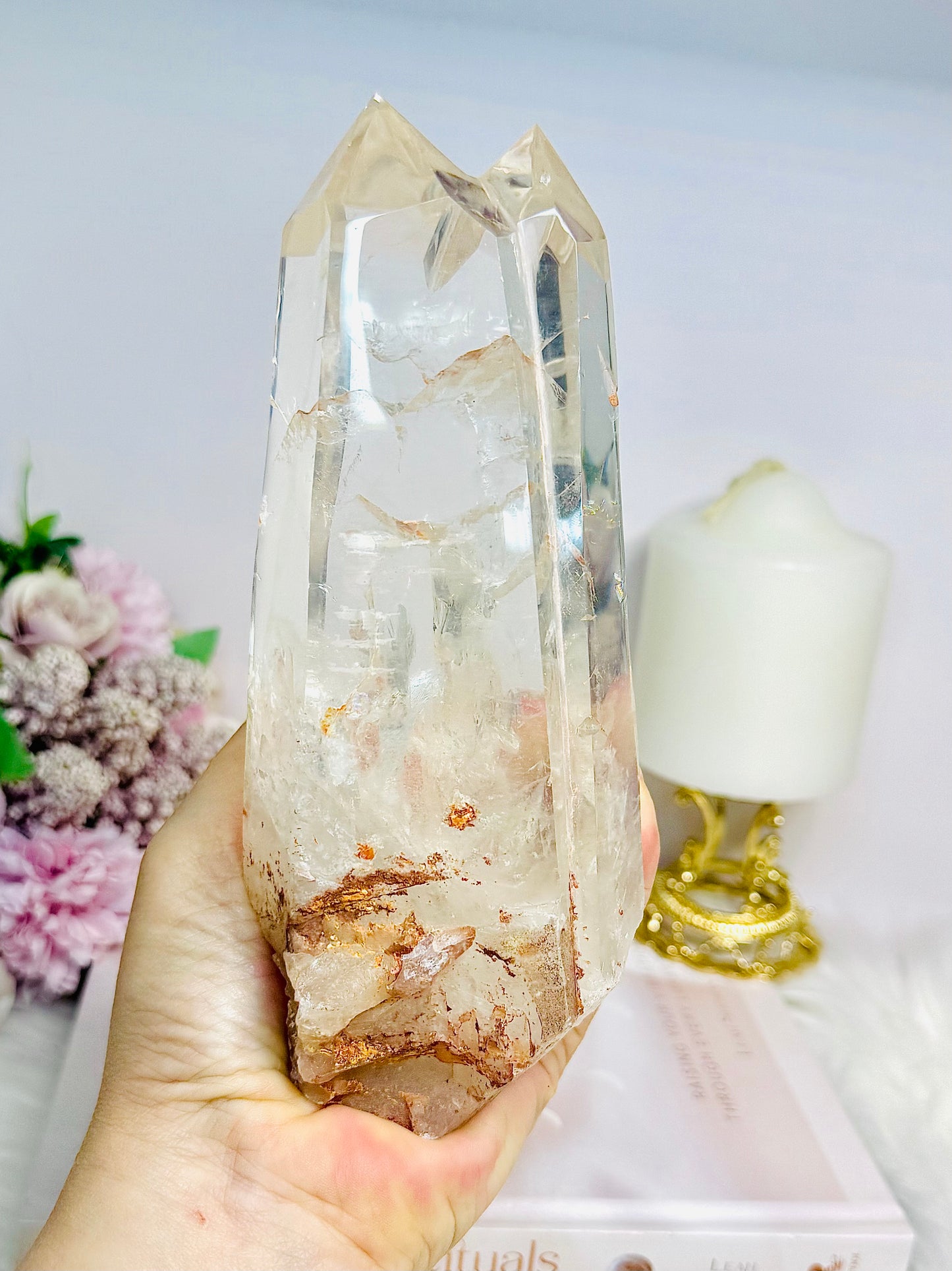 High Grade Clear Quartz Twin | Double Tower with Rainbows on Stand 18.5cm 961g