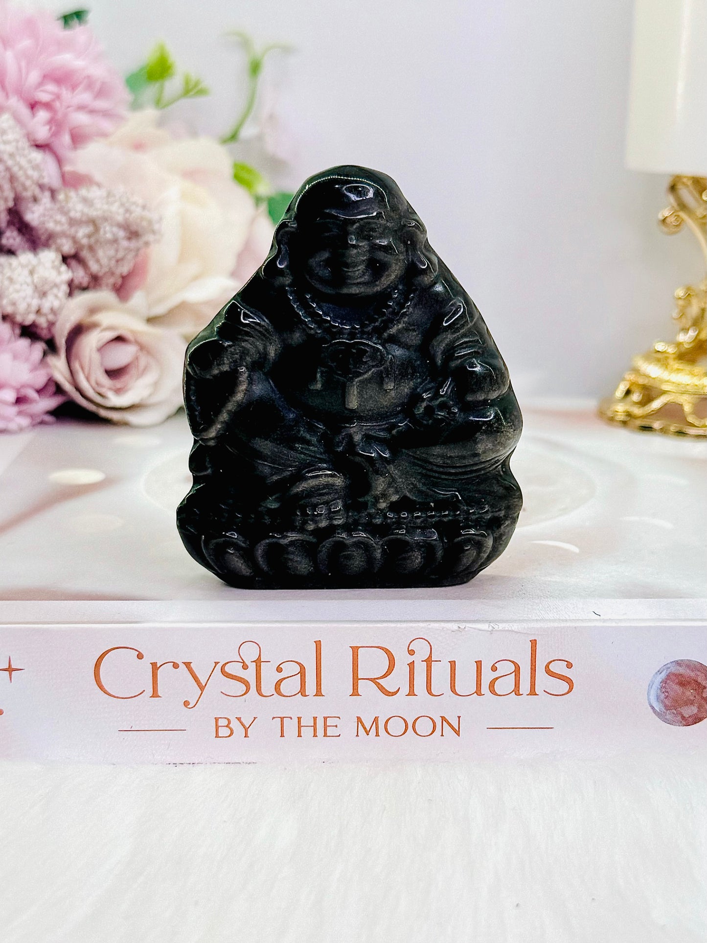 For Protection ~ Beautifully Carved 7cm Silver Sheen Black Obsidian Buddha