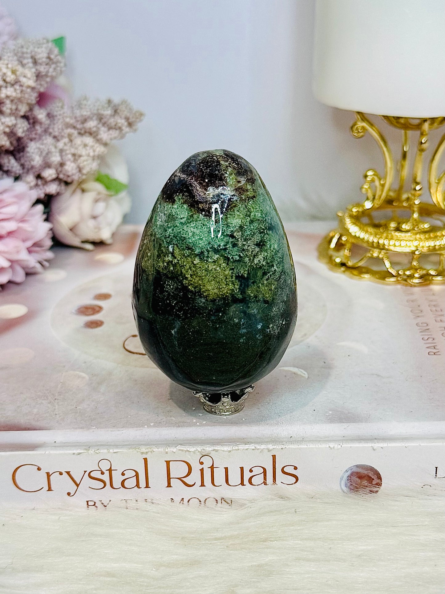 Moss Agate Druzy Egg On Stand 190g