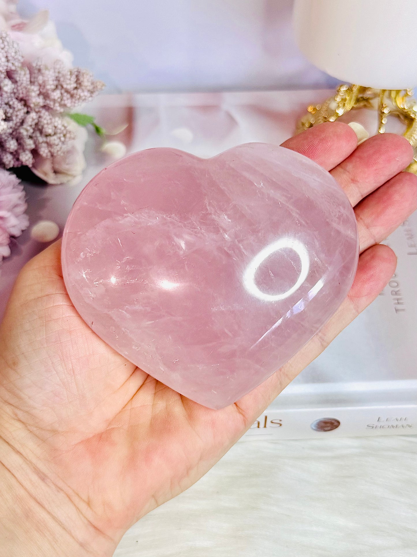 Stunning Large Puffy 10cm Pink Rose Quartz Carved Heart Crystal On Stand