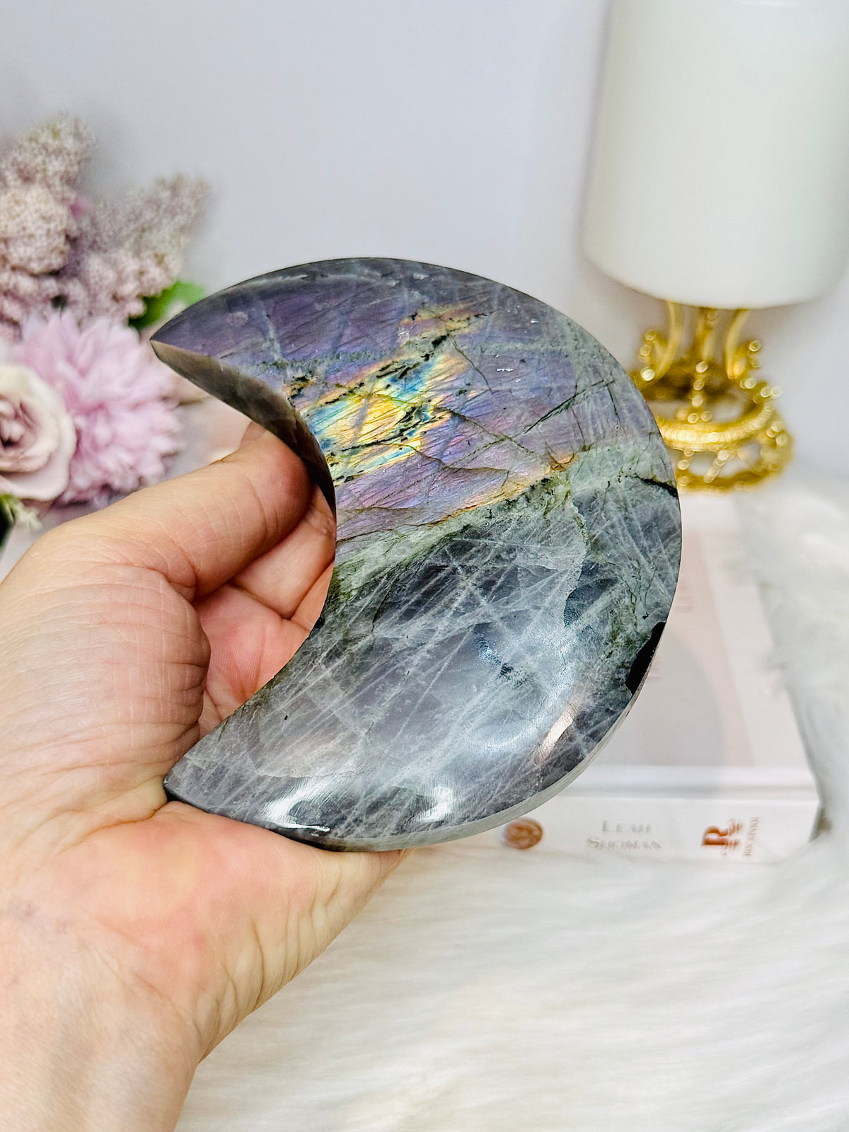Purple Flash Labradorite Moon on Stand 12cm