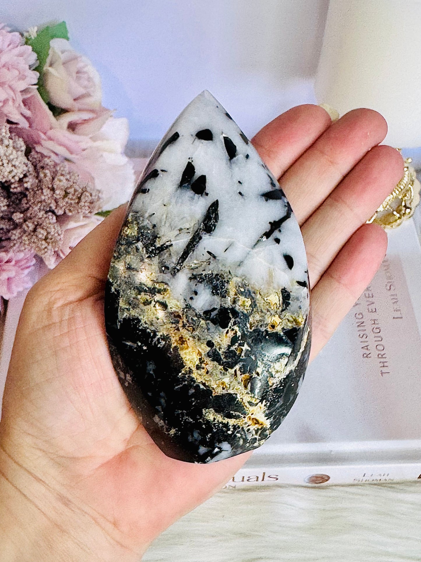 Incredible Large Natural Black Tourmaline In Quartz Carved Flame | Freeform 11.5cm