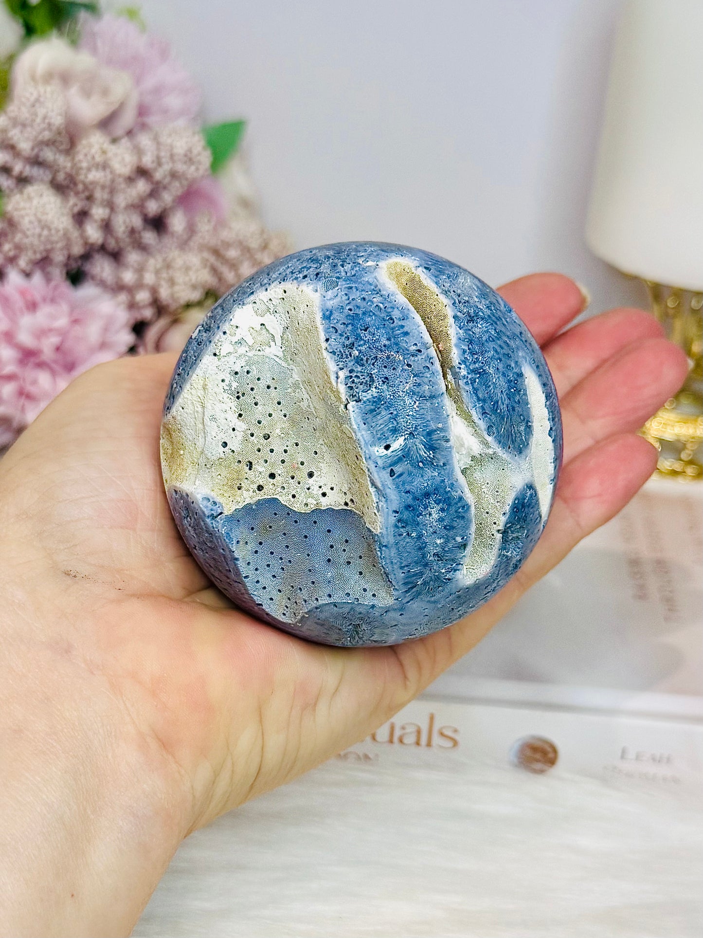 Rare Blue Coral Fossil Sphere on Stand 310g