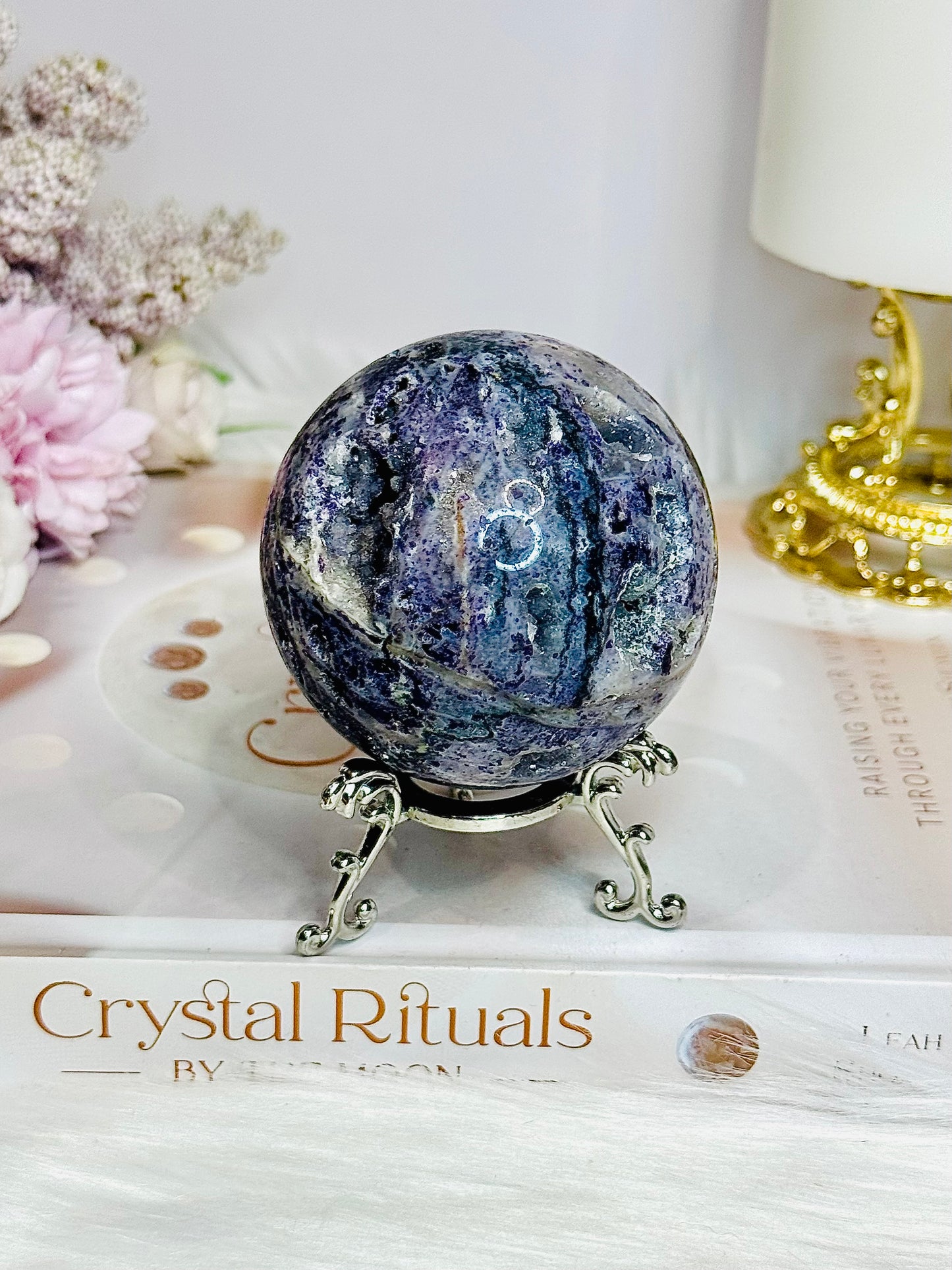Natural Purple Fluorite X Sphalerite Druzy Sphere on Stand 306g