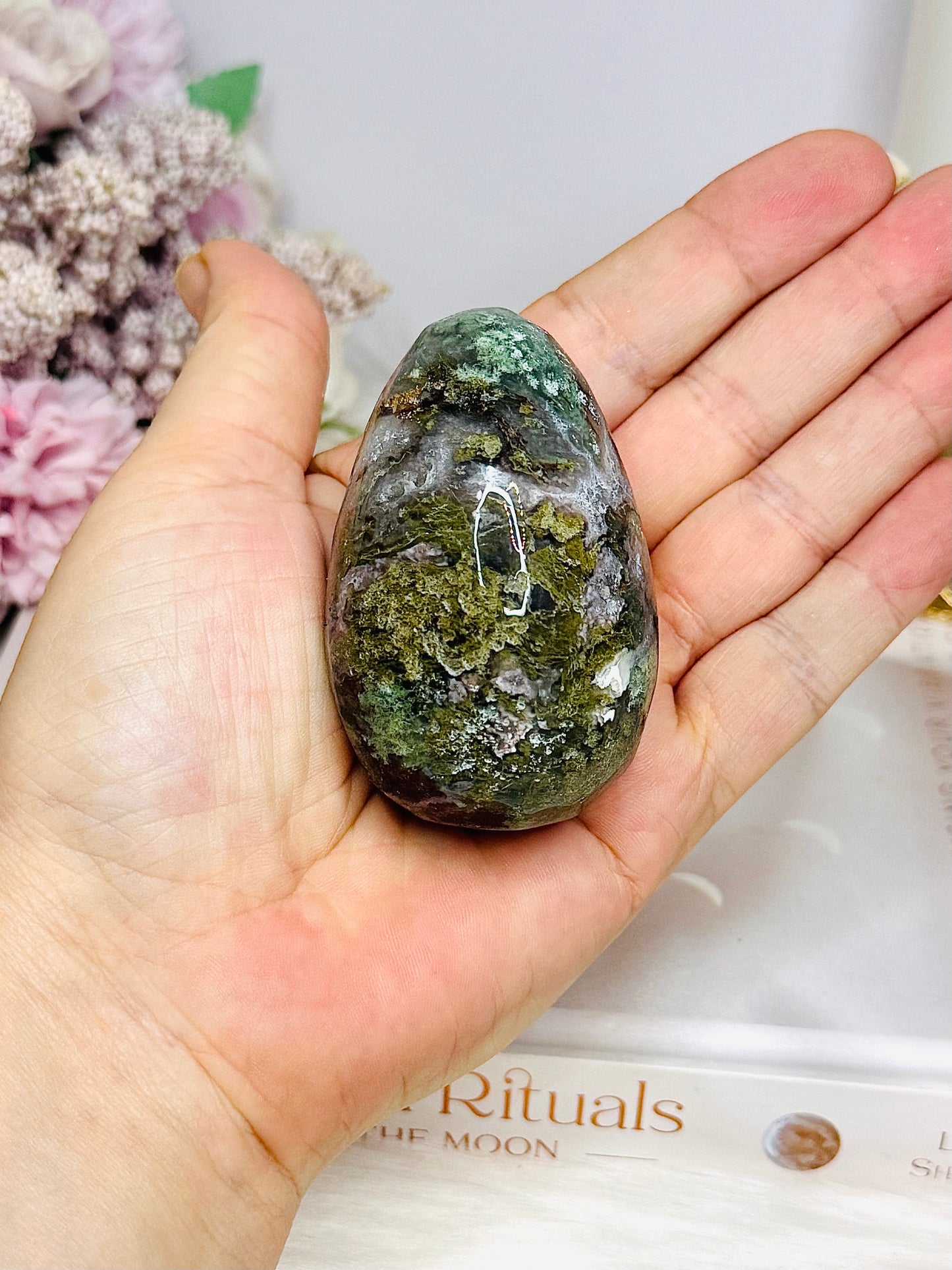 Moss Agate Druzy Egg On Stand 6.5cm