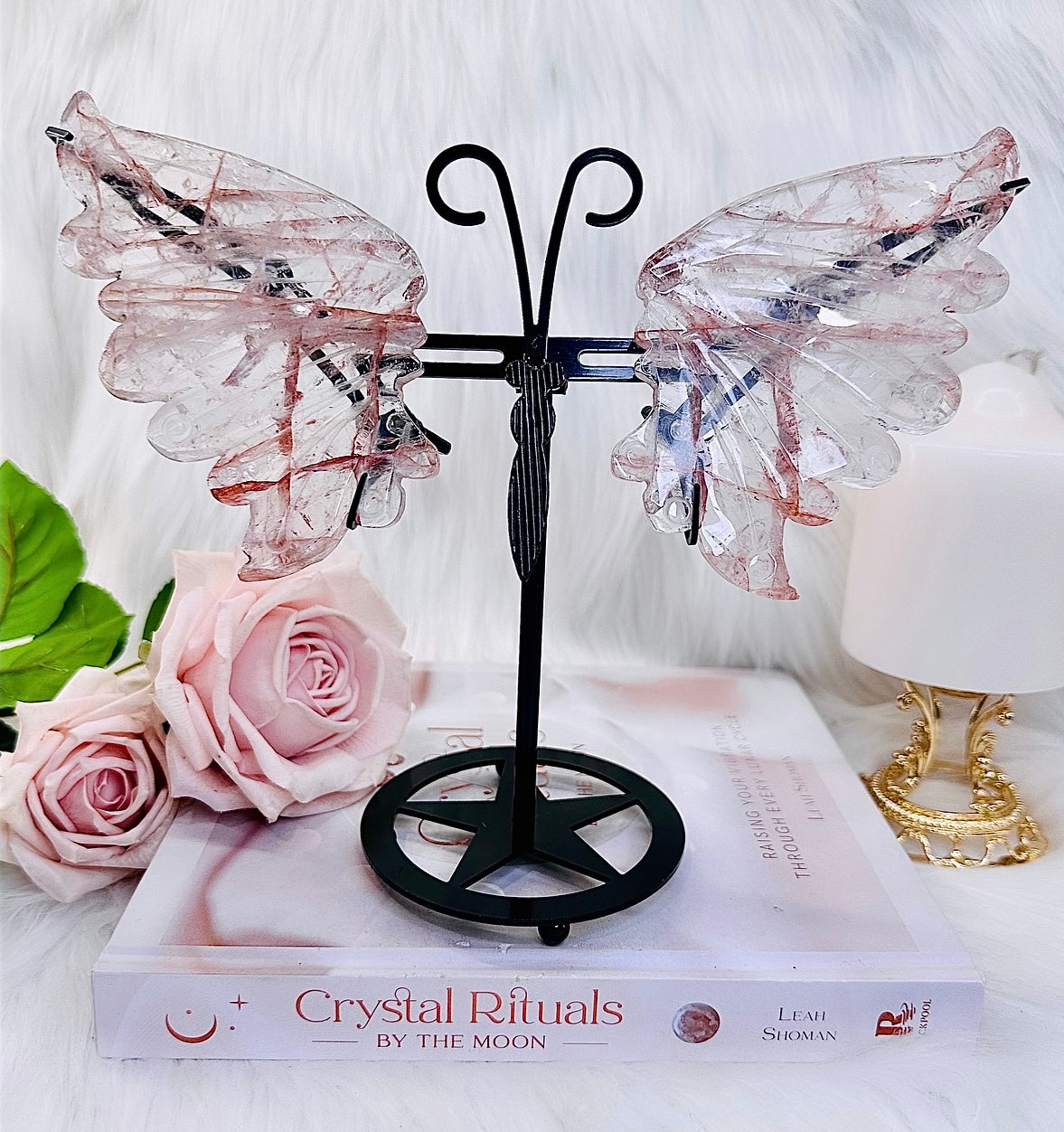 Powerful Energy ~ Gorgeous 19cm Tall (inc stand) Fire Quartz Wings On Black Butterfly Stand
