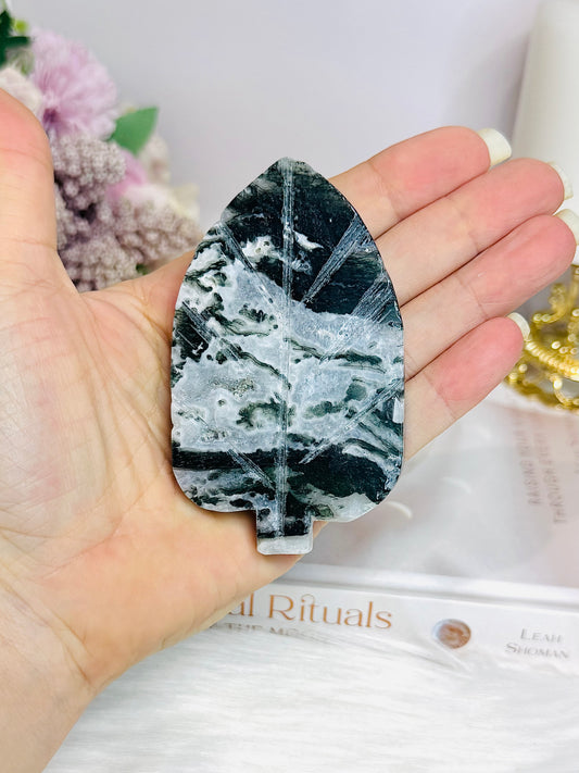 Moss Agate Carved Leaf 8cm