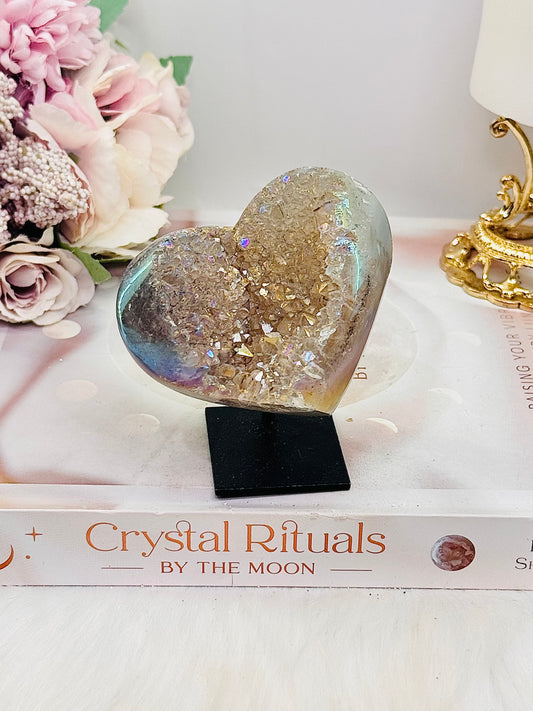 Stunning Angel Aura Druzy Agate Carved Heart on Stand 8cm