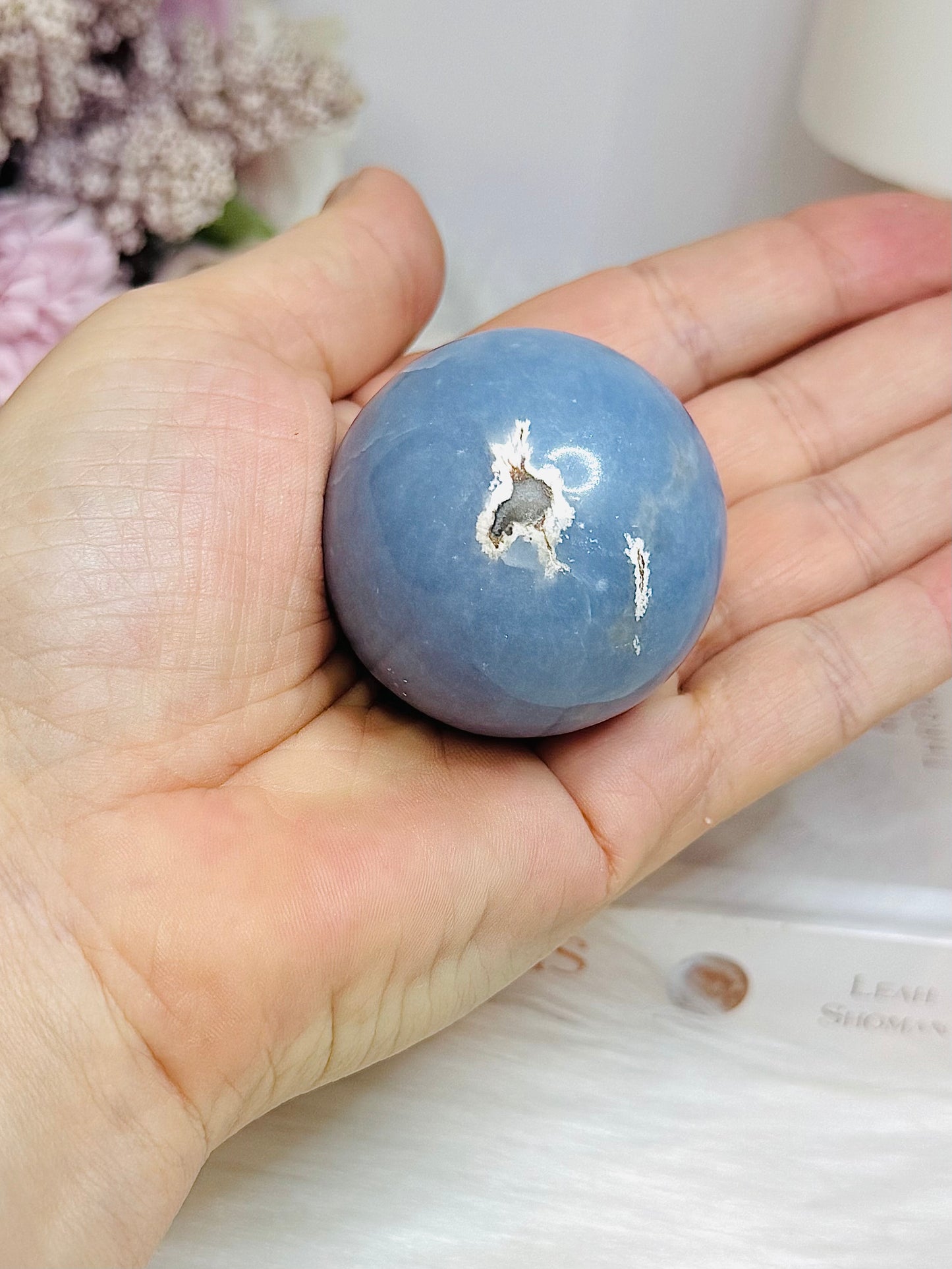 Blue Angelite Sphere on Stand 131g