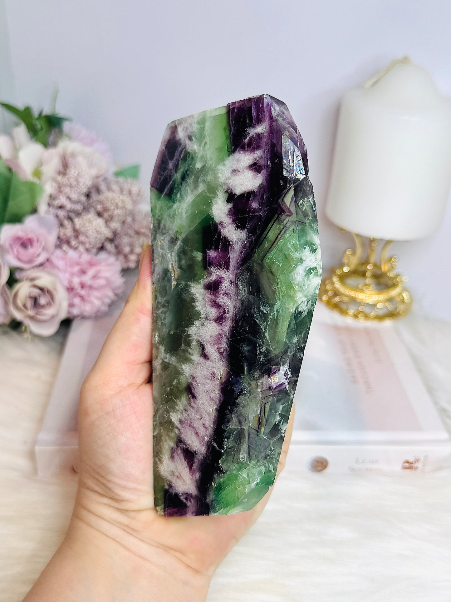 High Grade Rainbow Feather Fluorite Thick Slab 15cm