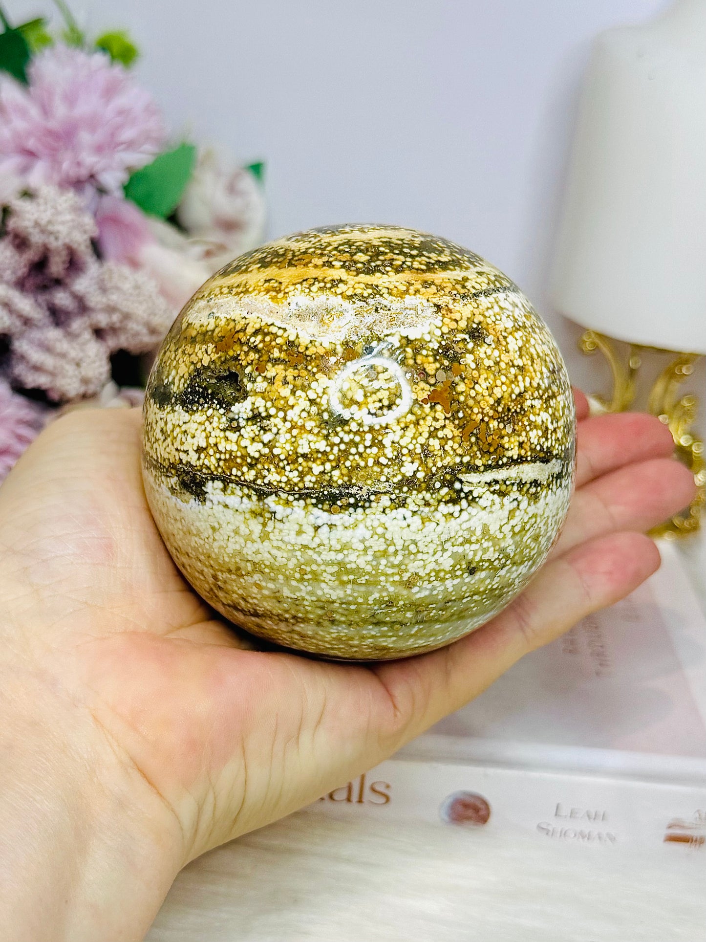 Large Orbicular Ocean Jasper Sphere On Stand 734g