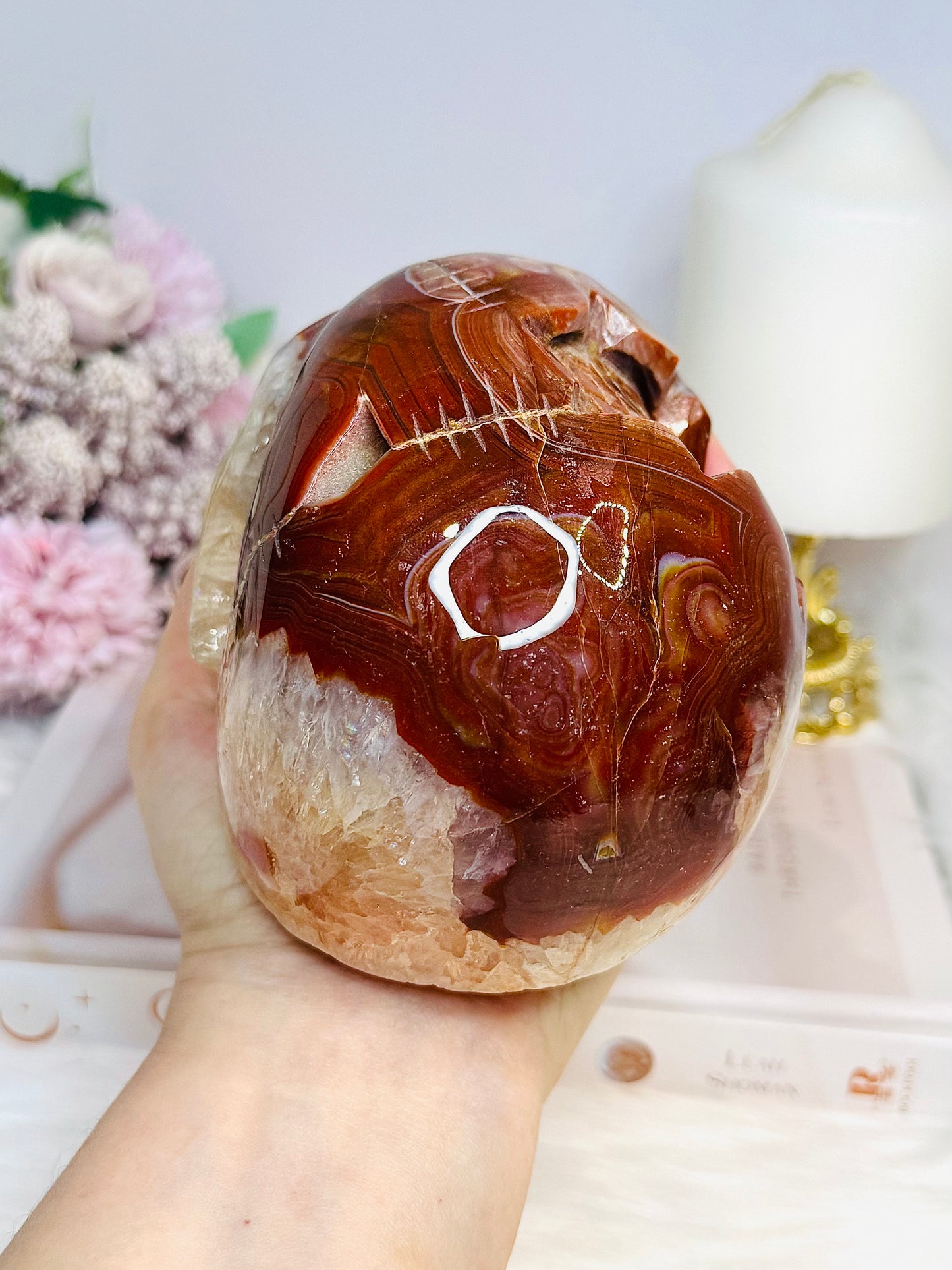 Large Carnelian Carved Skull 1.2KG 12.5cm ~ Discounted as it does not stand straight and needs the stand under the side to keep it up