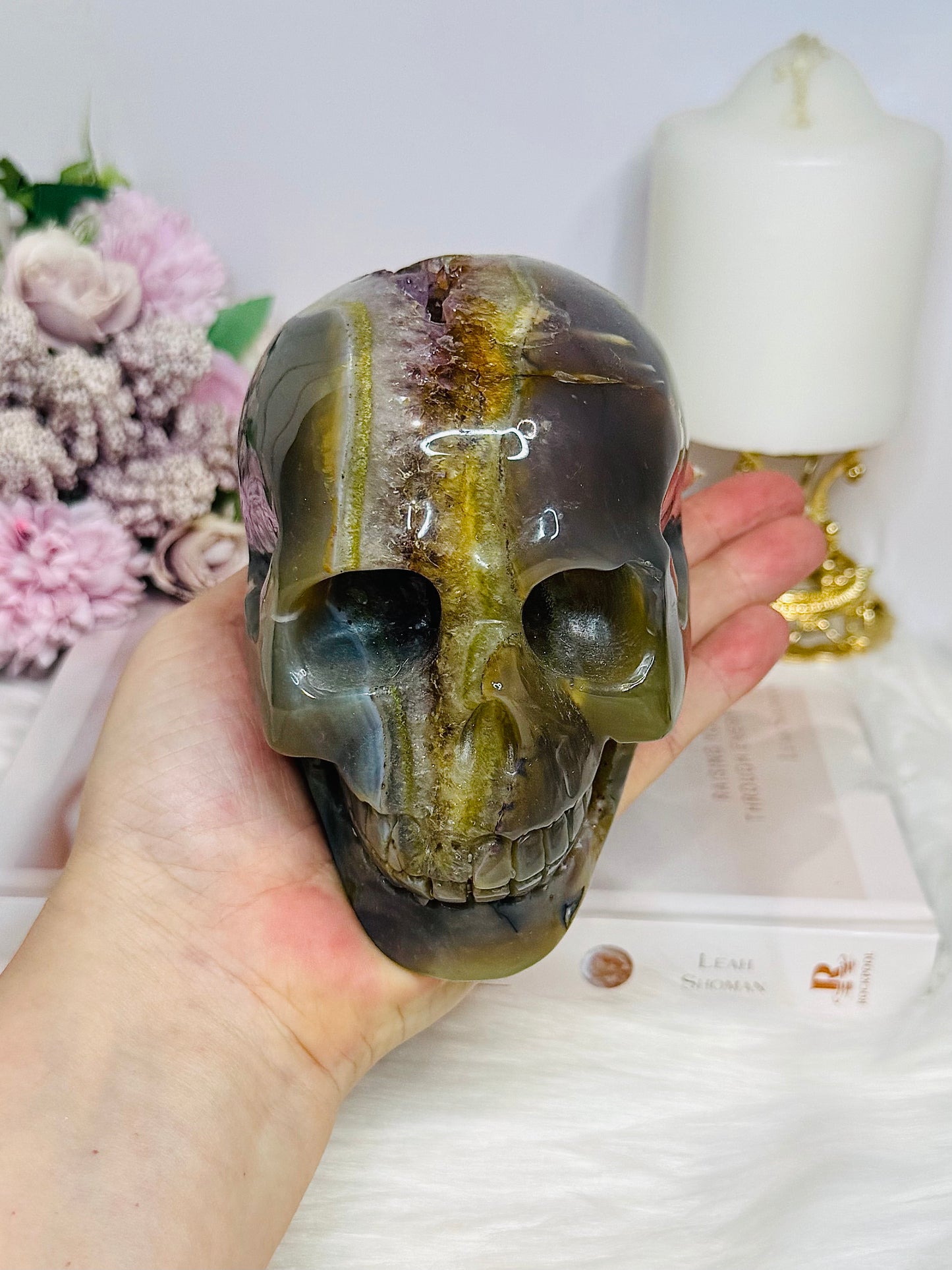 Large Druzy Amethyst X Agate Carved Skull 13cm 1.09KG