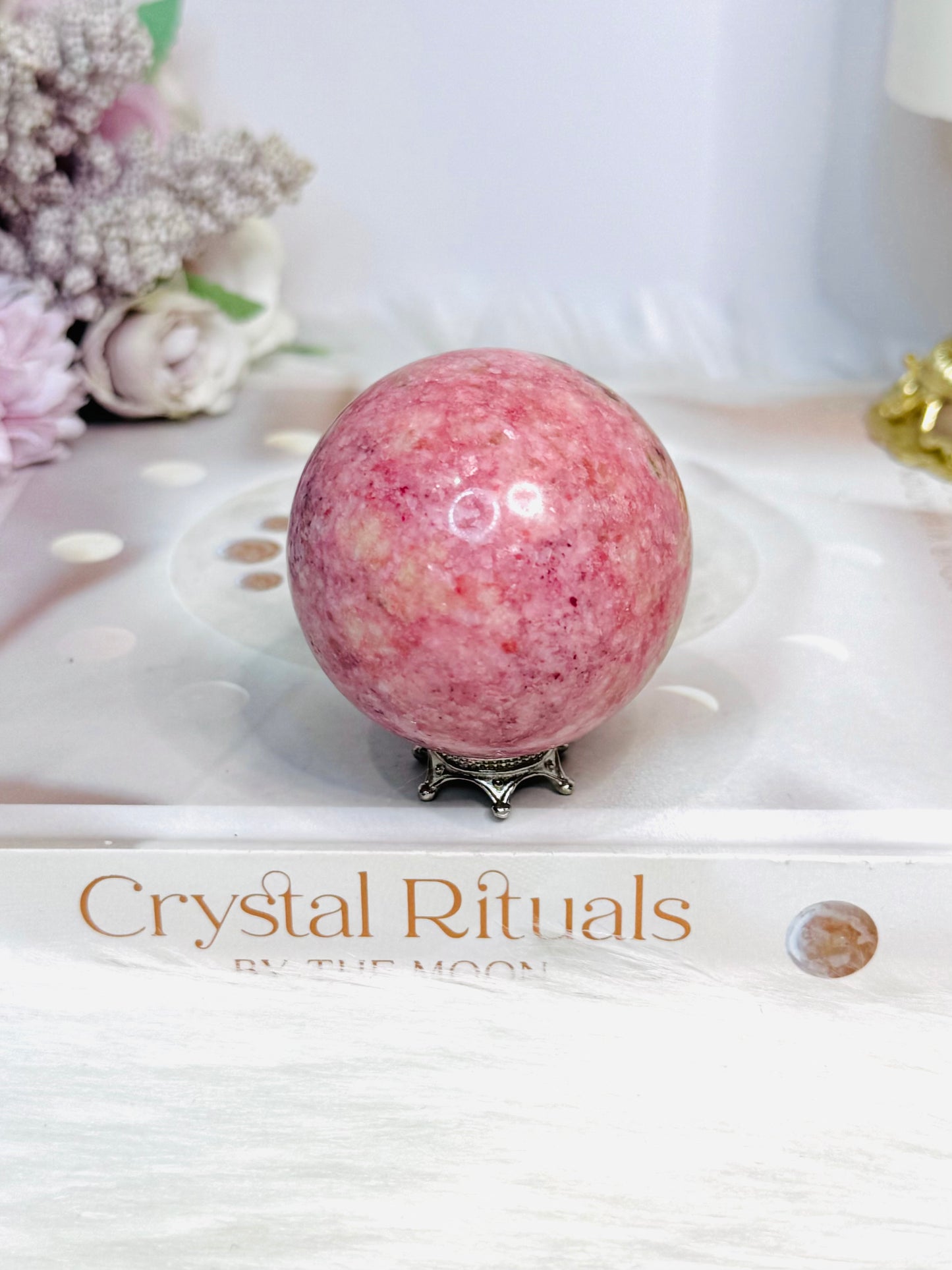 Thulite Sphere with Epidote 199g On Stand