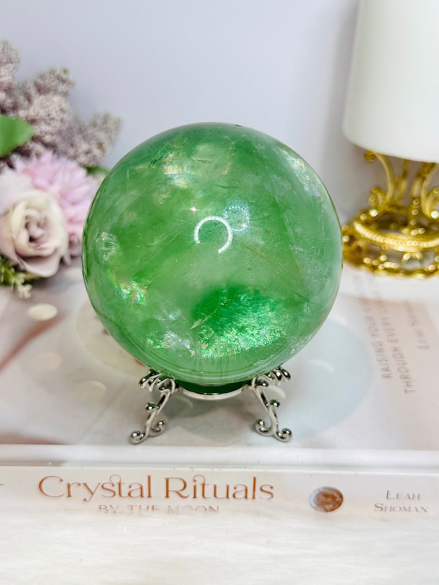 Large Green Fluorite Sphere Full of Rainbows 923g