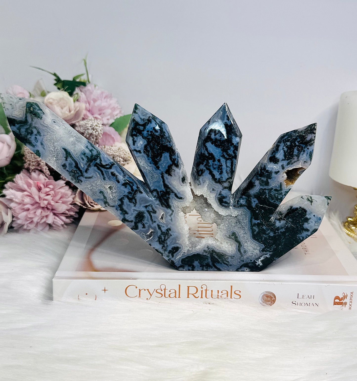 Moss Agate Druzy 5 Point Tower 22cm 638g