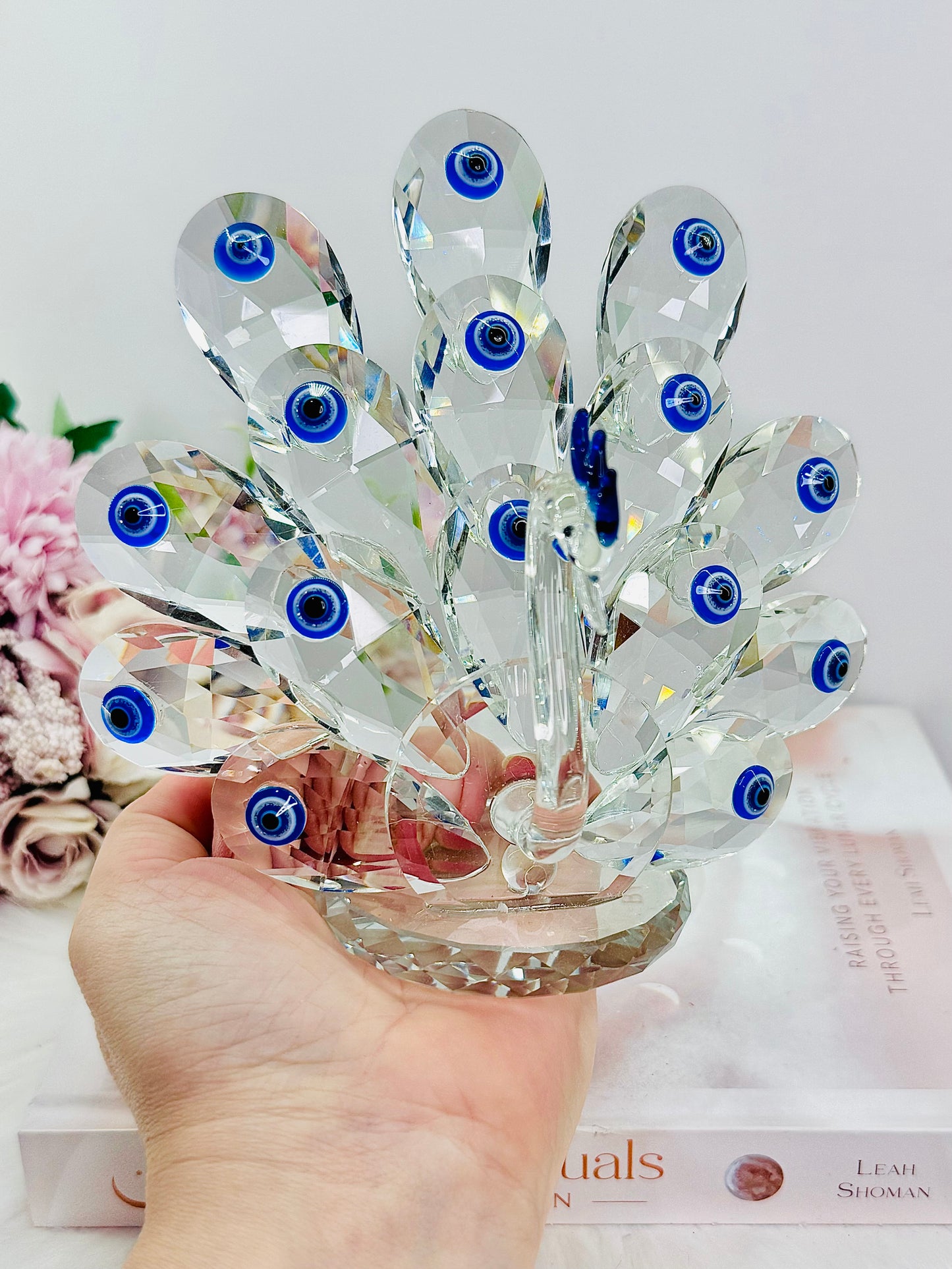 For Protection ~ Exquisite Large 15cm Glass Evil Eye Peacock Figurine combining elegance and mystique