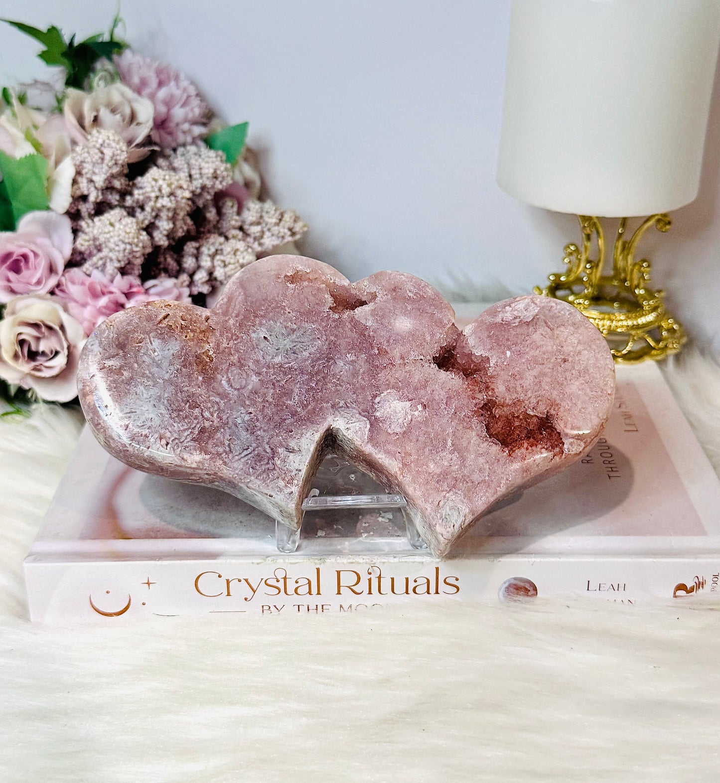 Large Pink Amethyst Druzy Double Hearts On Stand 15cm Long 471g
