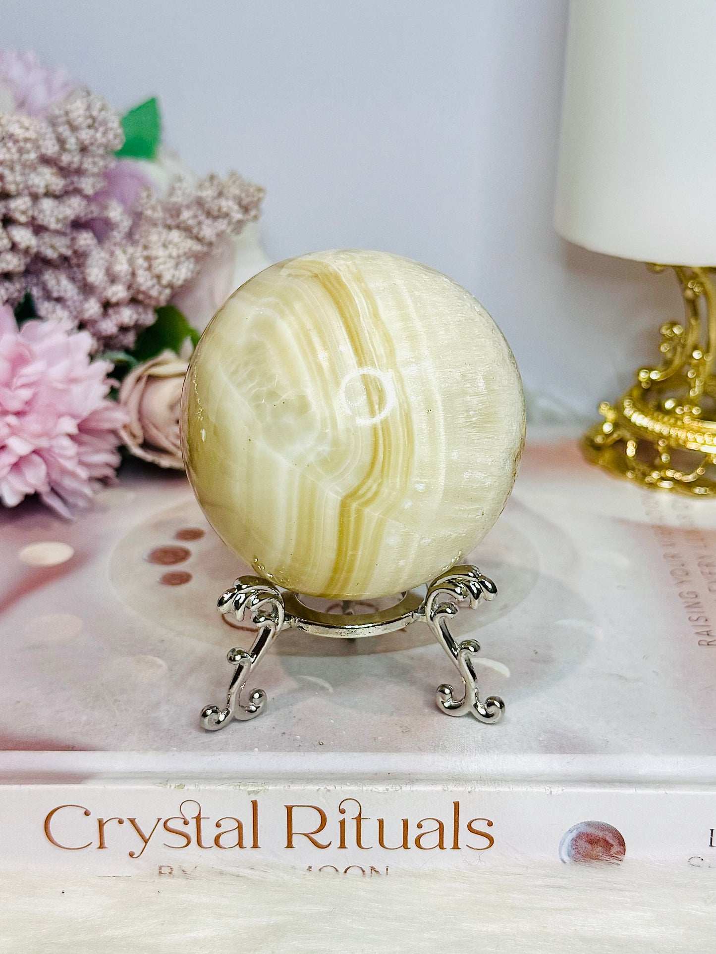 Striped Calcite Sphere on Stand 365g