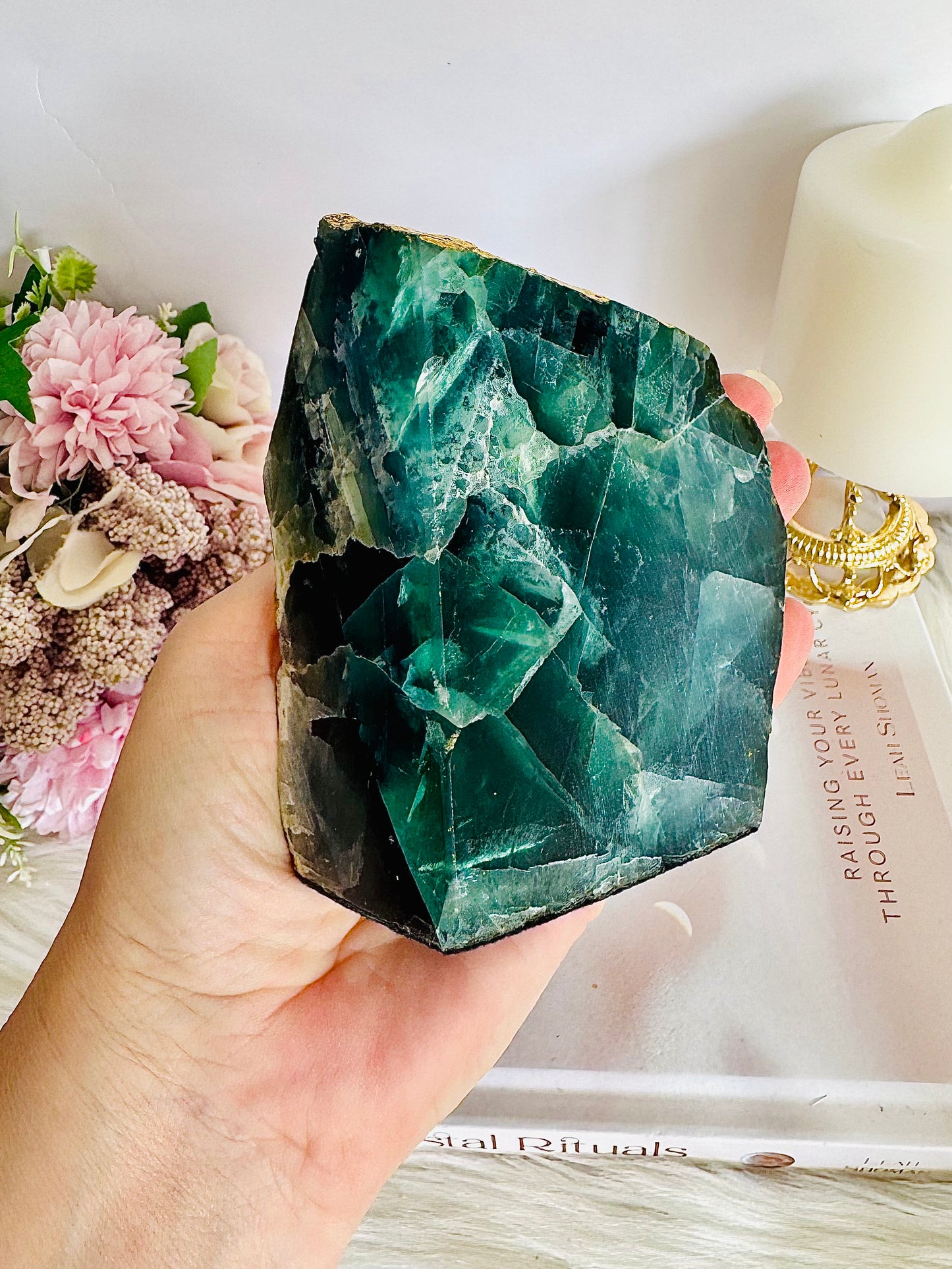 Absolutely Stunning Large Chunky 1.82KG Green Fluorite Gold Plated Book Ends