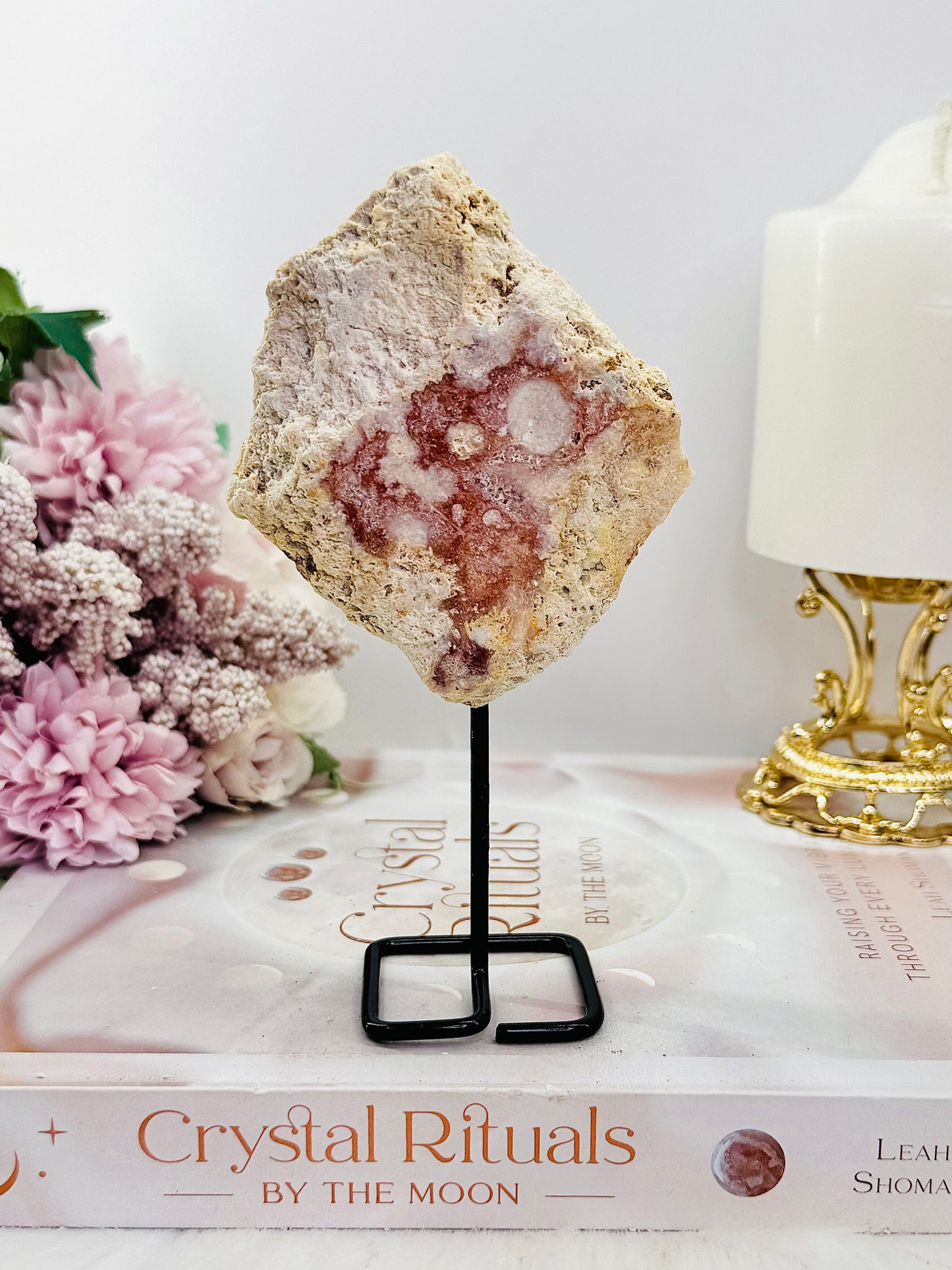 Natural 14.5cm Pink Amethyst Druzy Slab On Stand