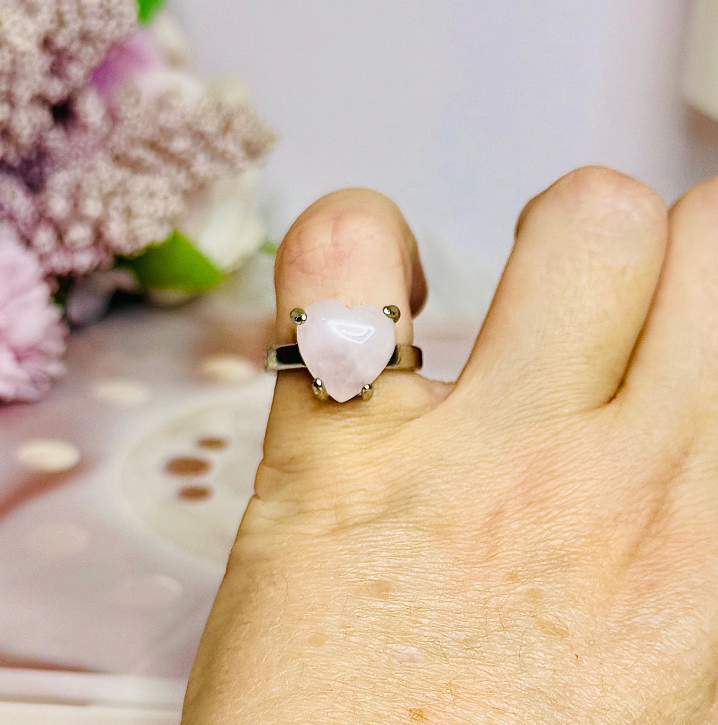 Rose Quartz Heart Sterling Silver Ring Size 6