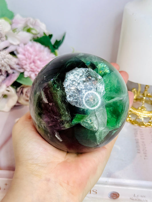 Large Rainbow Fluorite Sphere with Rainbows 1.2KG On Stand