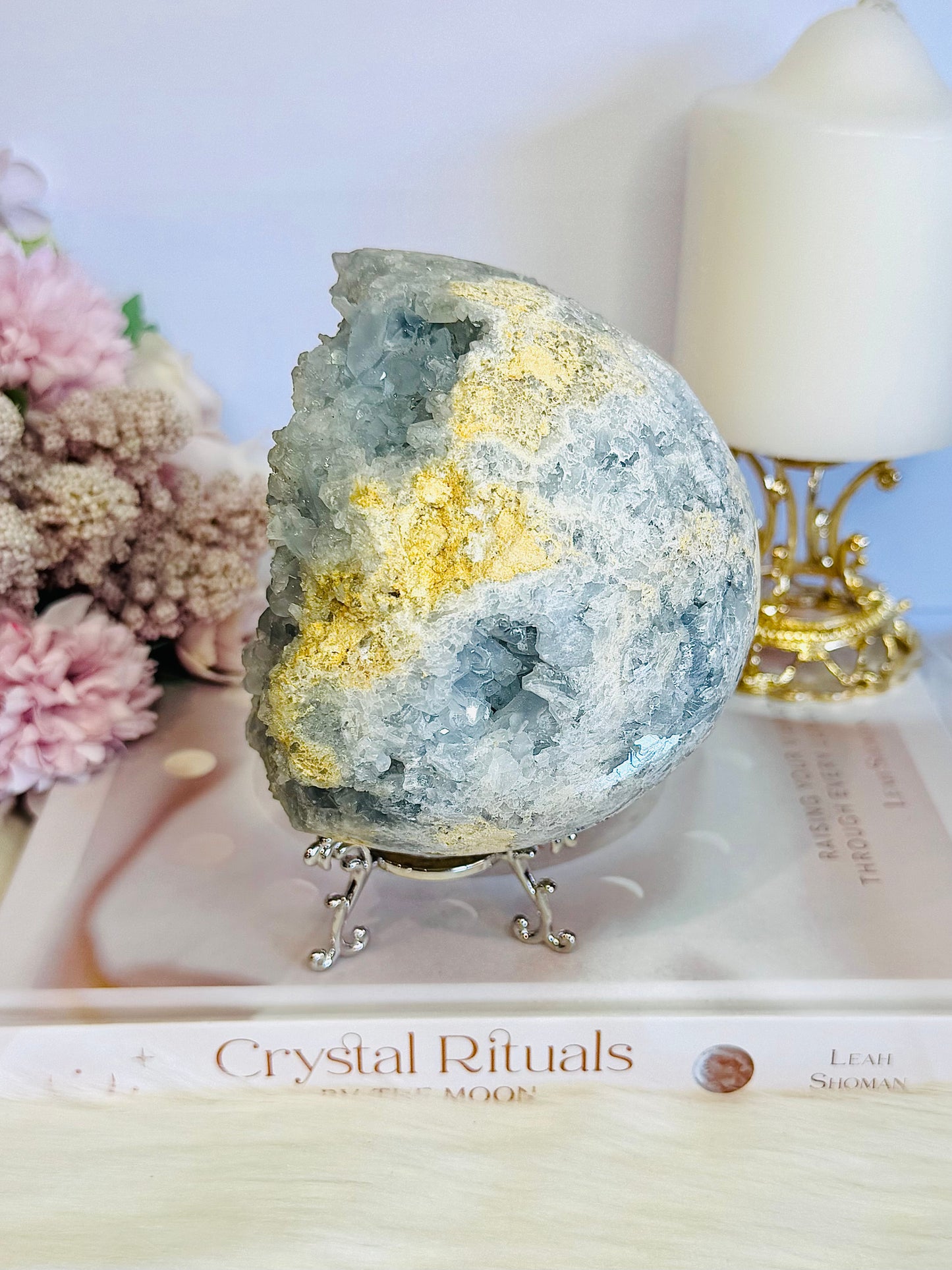 Huge Divine Natural Blue Celestite Druzy Geode | Sphere on Stand 1.65KG