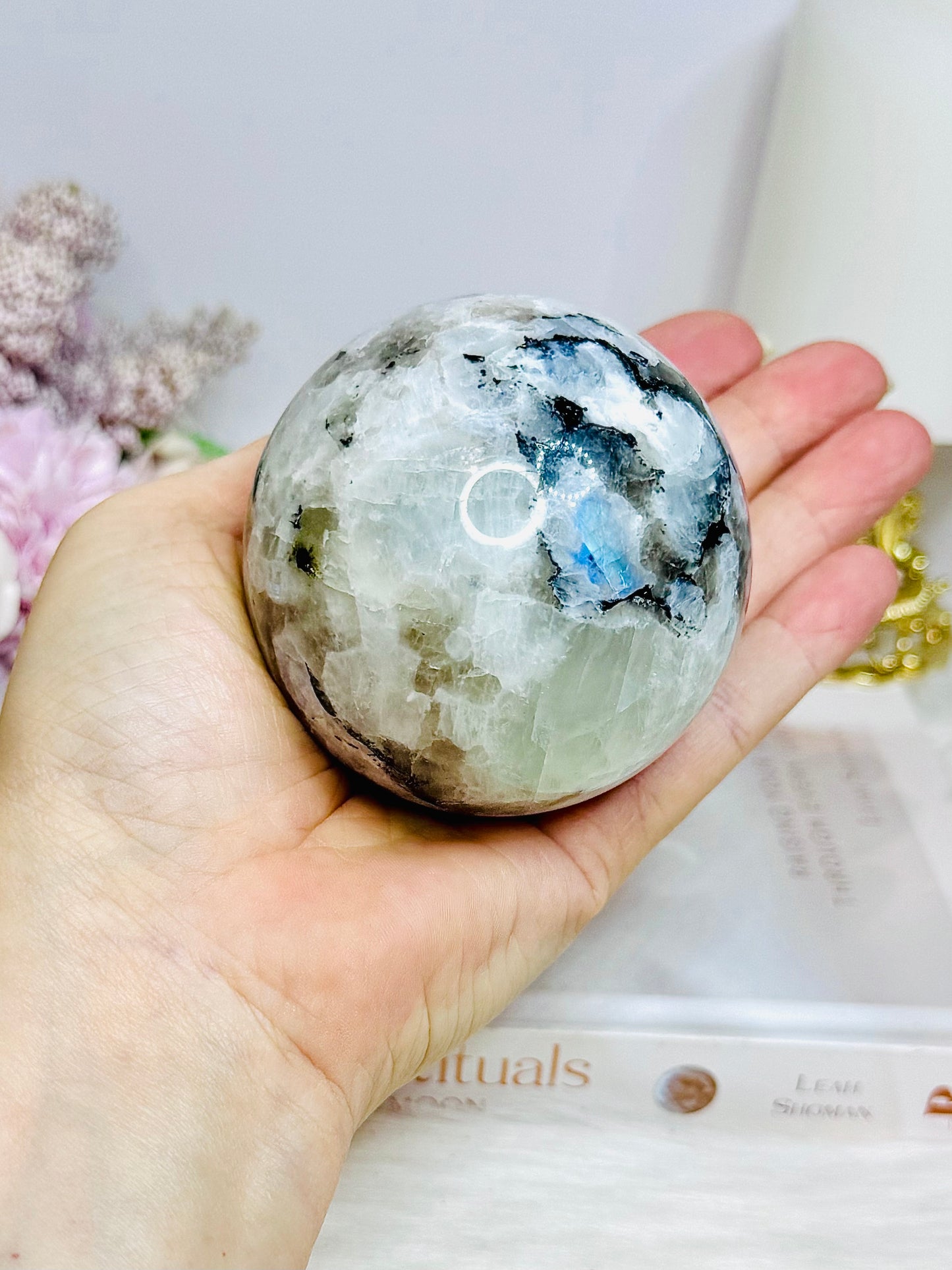 Large Rainbow Moonstone Sphere with Blue Flash 464g