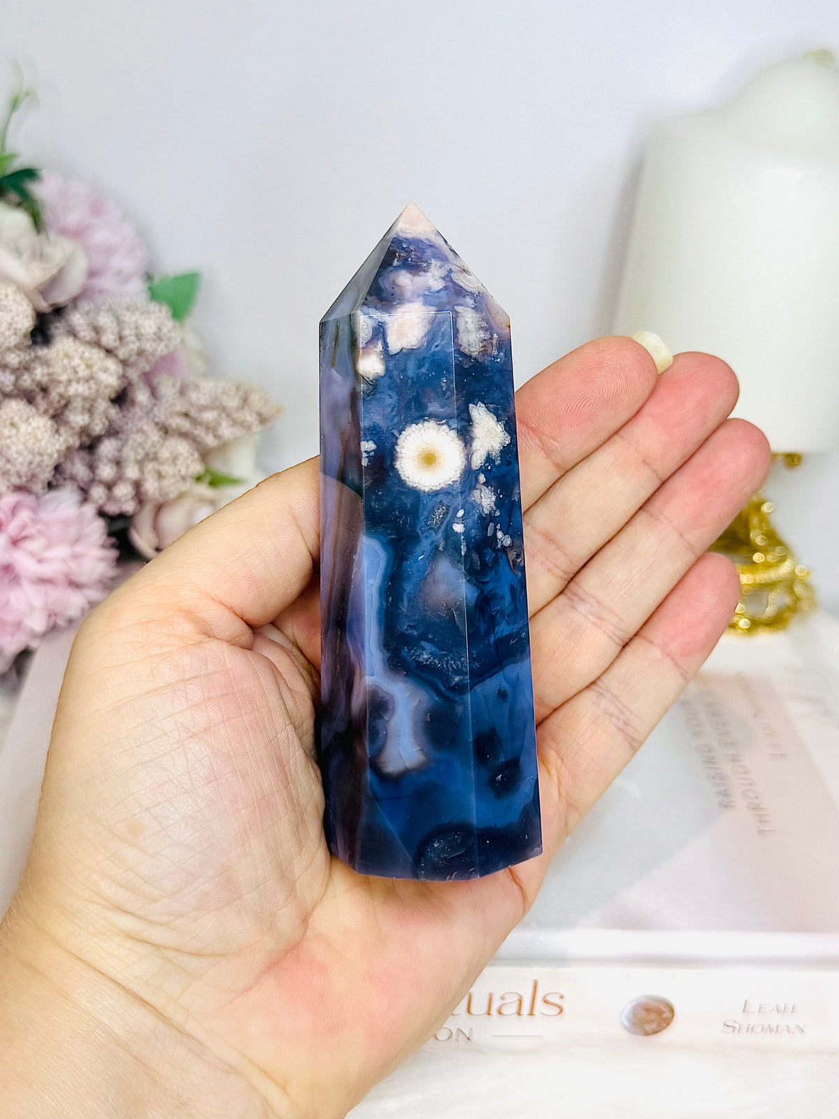 High Grade Blue Flower Agate Druzy Tower 11cm