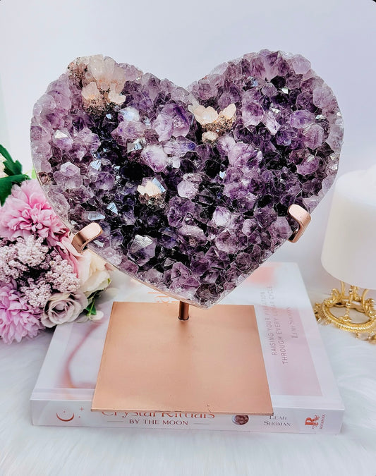 Classy & Fabulous Huge Stunning 22cm (Inc Stand) 1.87KG Amethyst Cluster Heart on Rose Gold Stand From Brazil ~ Exquisite Piece