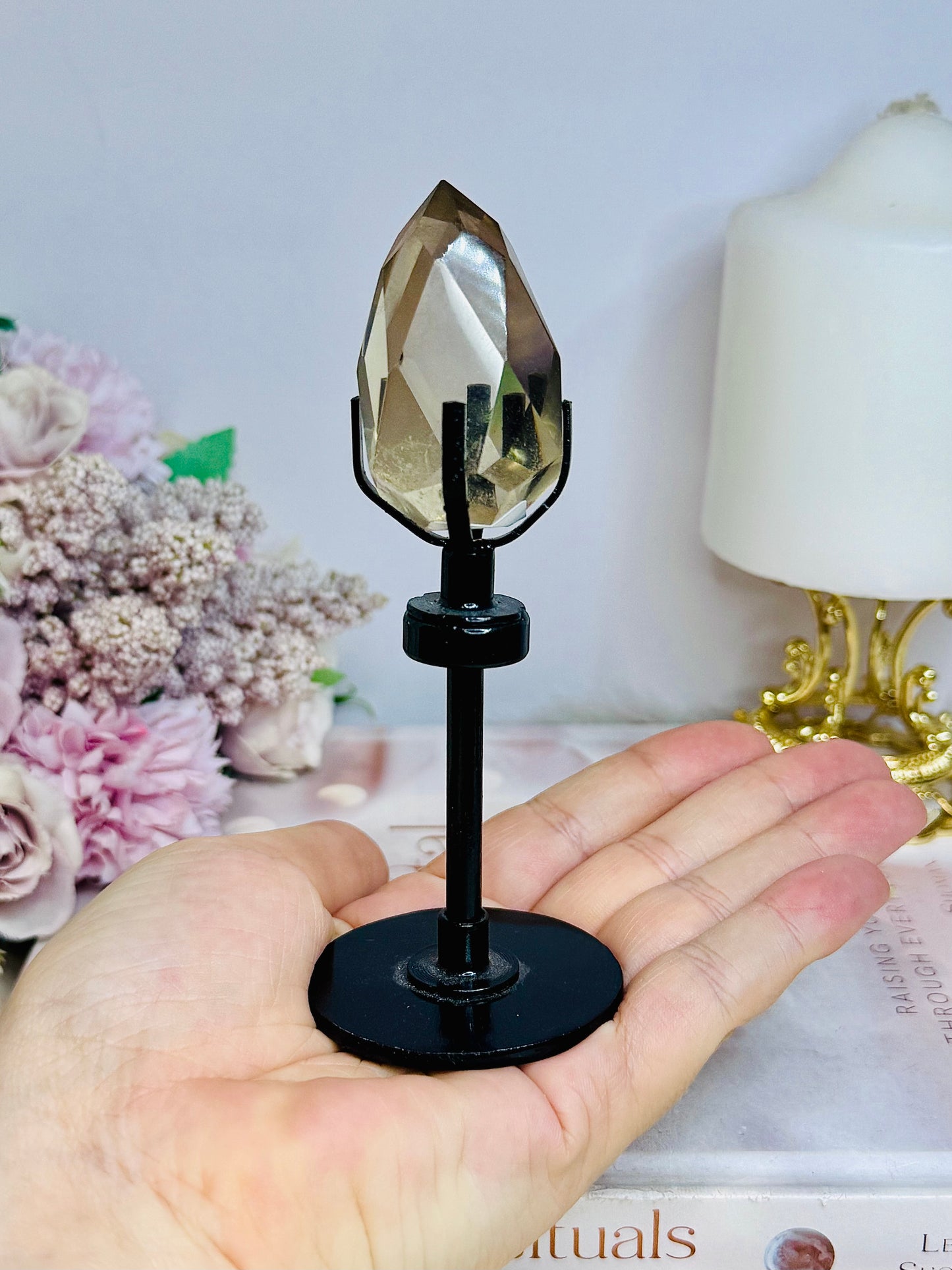 High Grade Smokey Quartz Carved Diamond on Stand