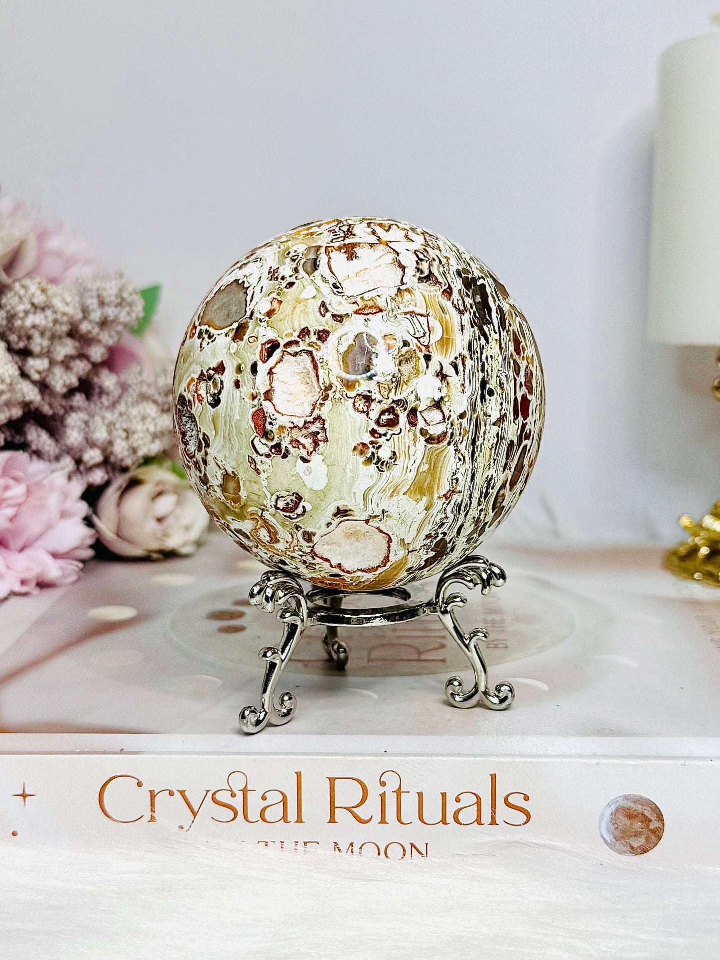 Large Money Agate Druzy Sphere on Stand 389g