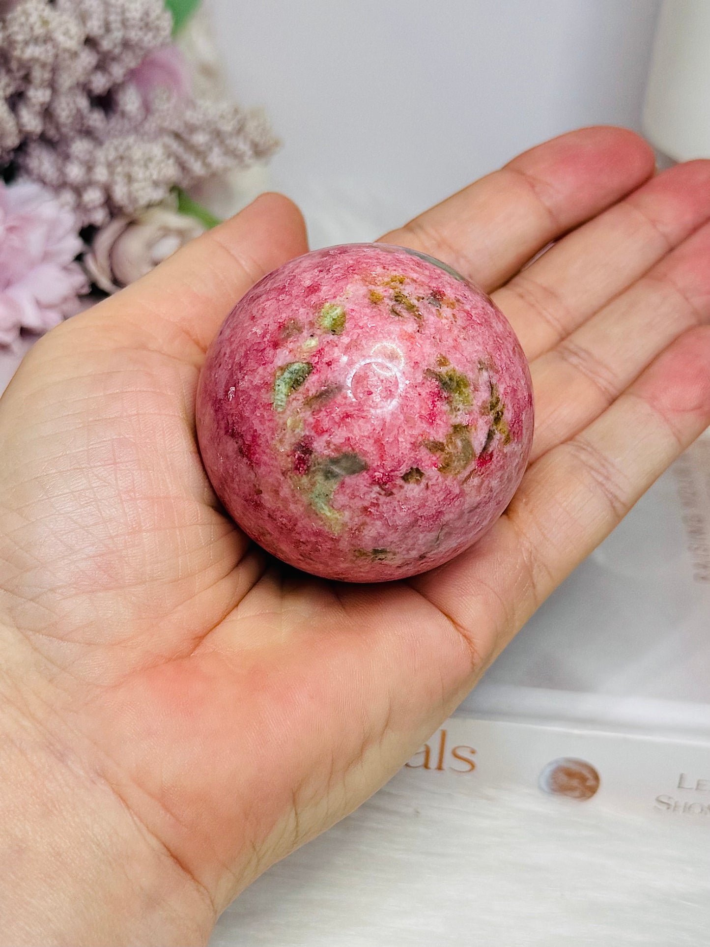 Thulite Sphere with Epidote 208g On Stand