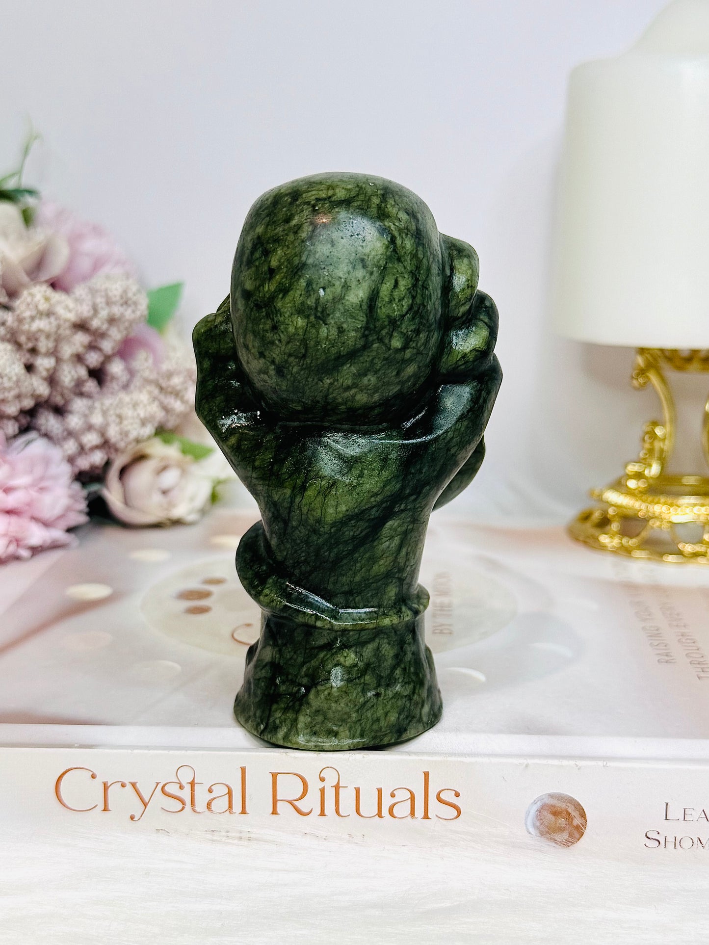 Green Jade Carved Skull, Hand & Snake 11cm 379g