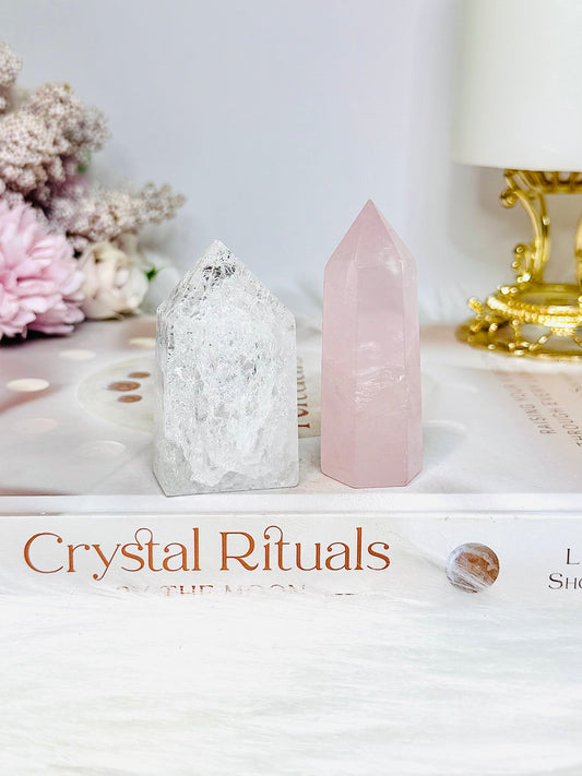 Rose Quartz Tower with Fire Ice Quartz Tower 6cm
