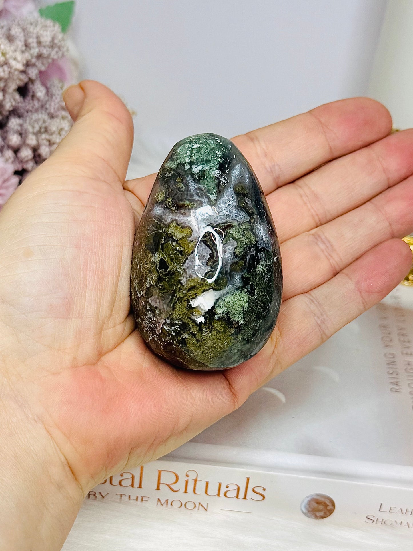 Moss Agate Druzy Egg On Stand 6.5cm