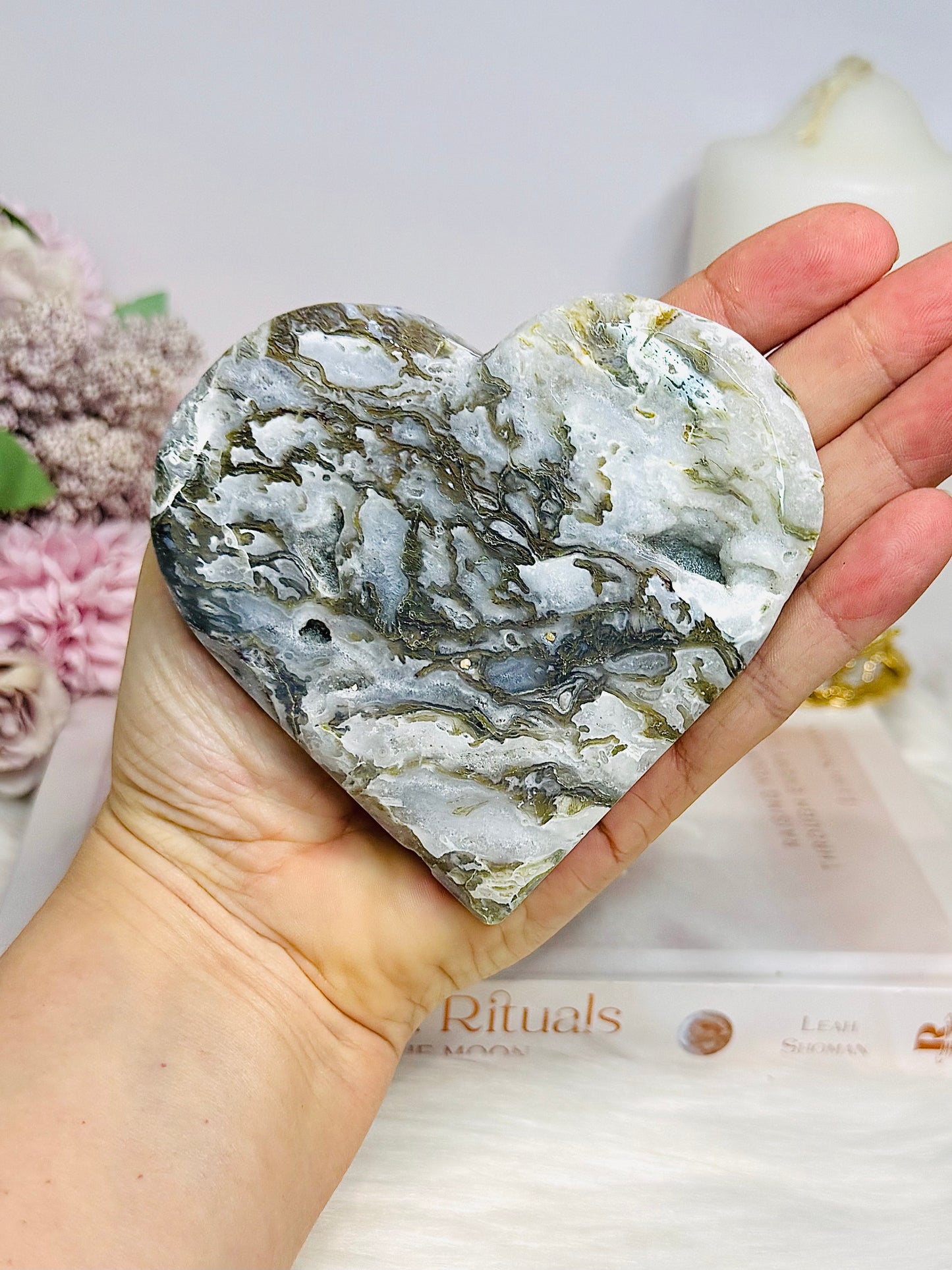 Large Moss Agate Druzy Heart On Stand 9.5cm