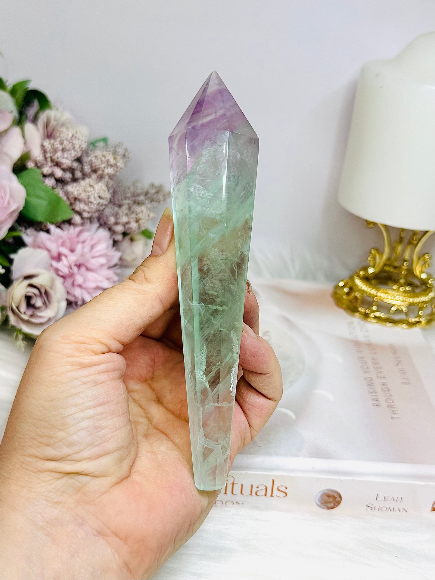 Watermelon Fluorite Wand | Tower with Rainbows 14.5cm