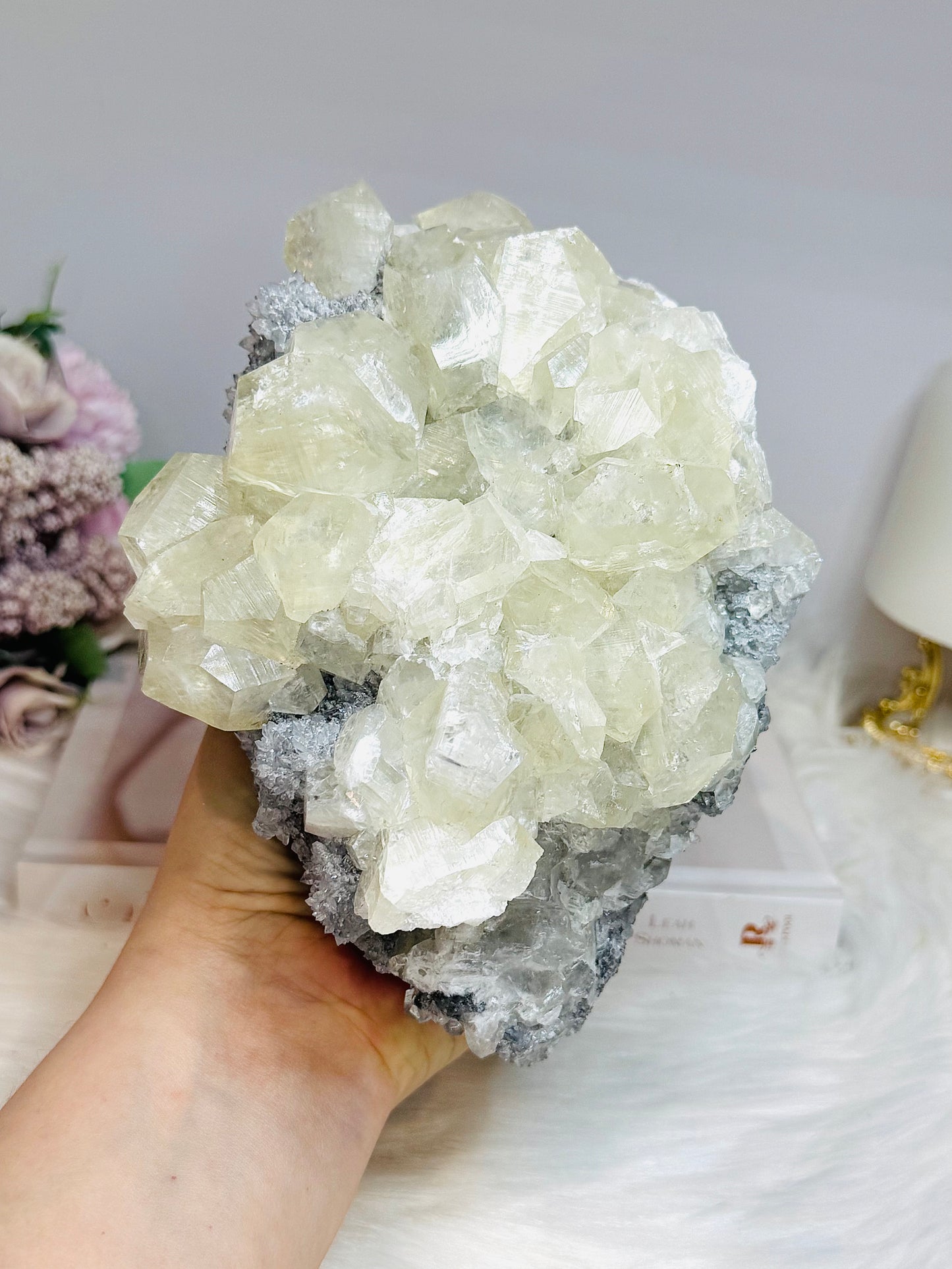 Huge Calcite Freeform on Timber Stand 1.9KG