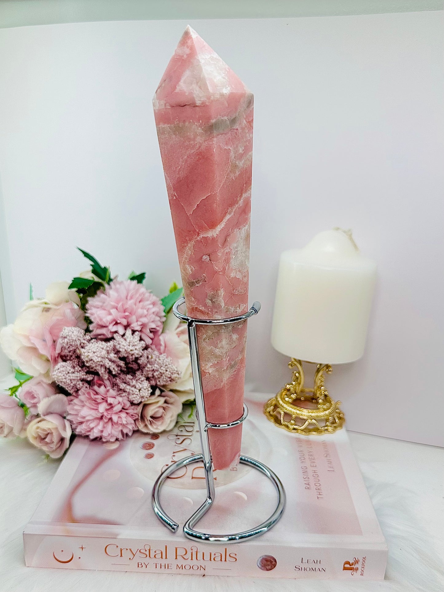 Classy & Fabulous Huge Pink Opal Wand | Obelisk Tower On Silver Stand 27cm