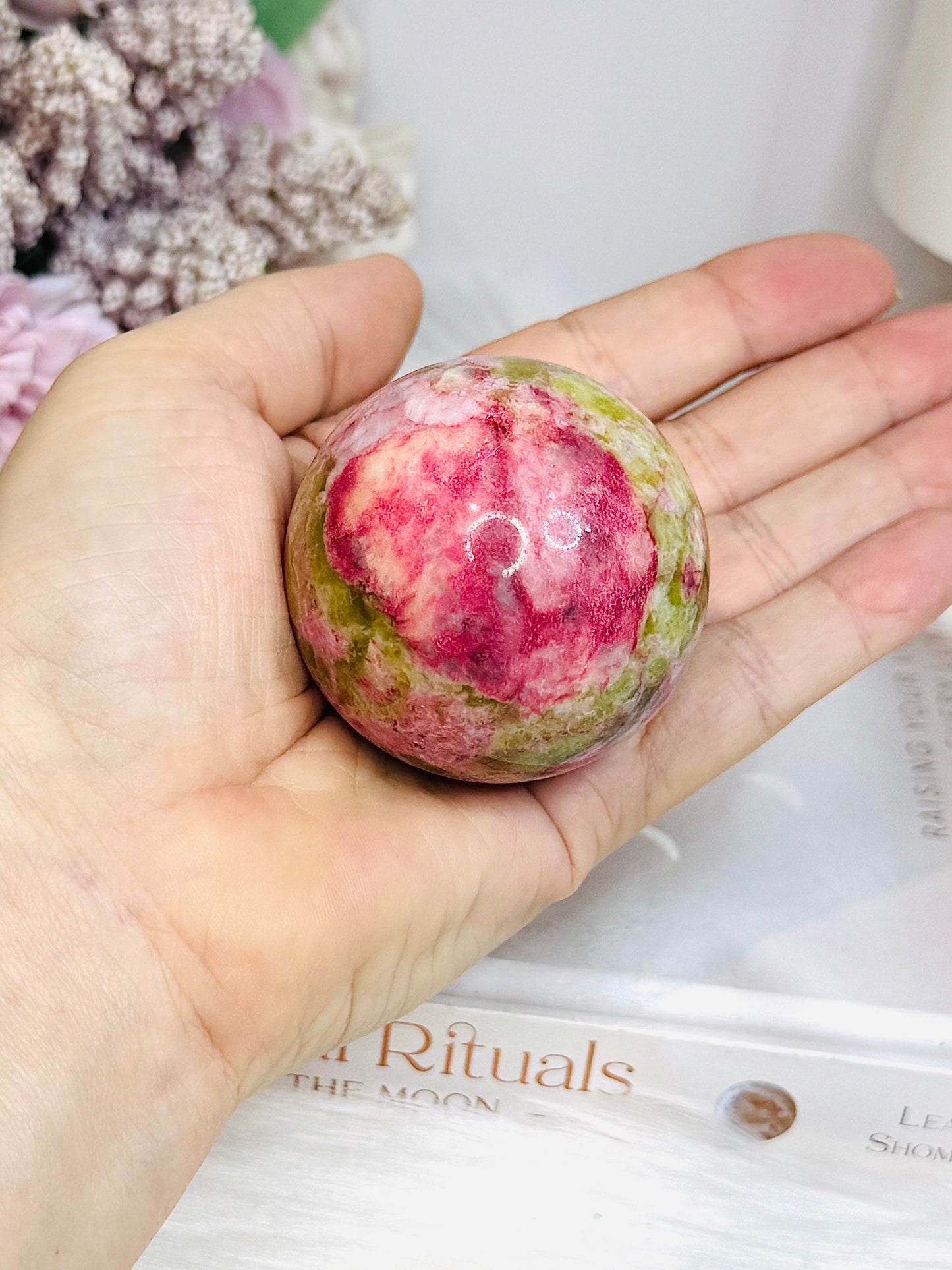 Thulite Sphere with Epidote 208g On Stand