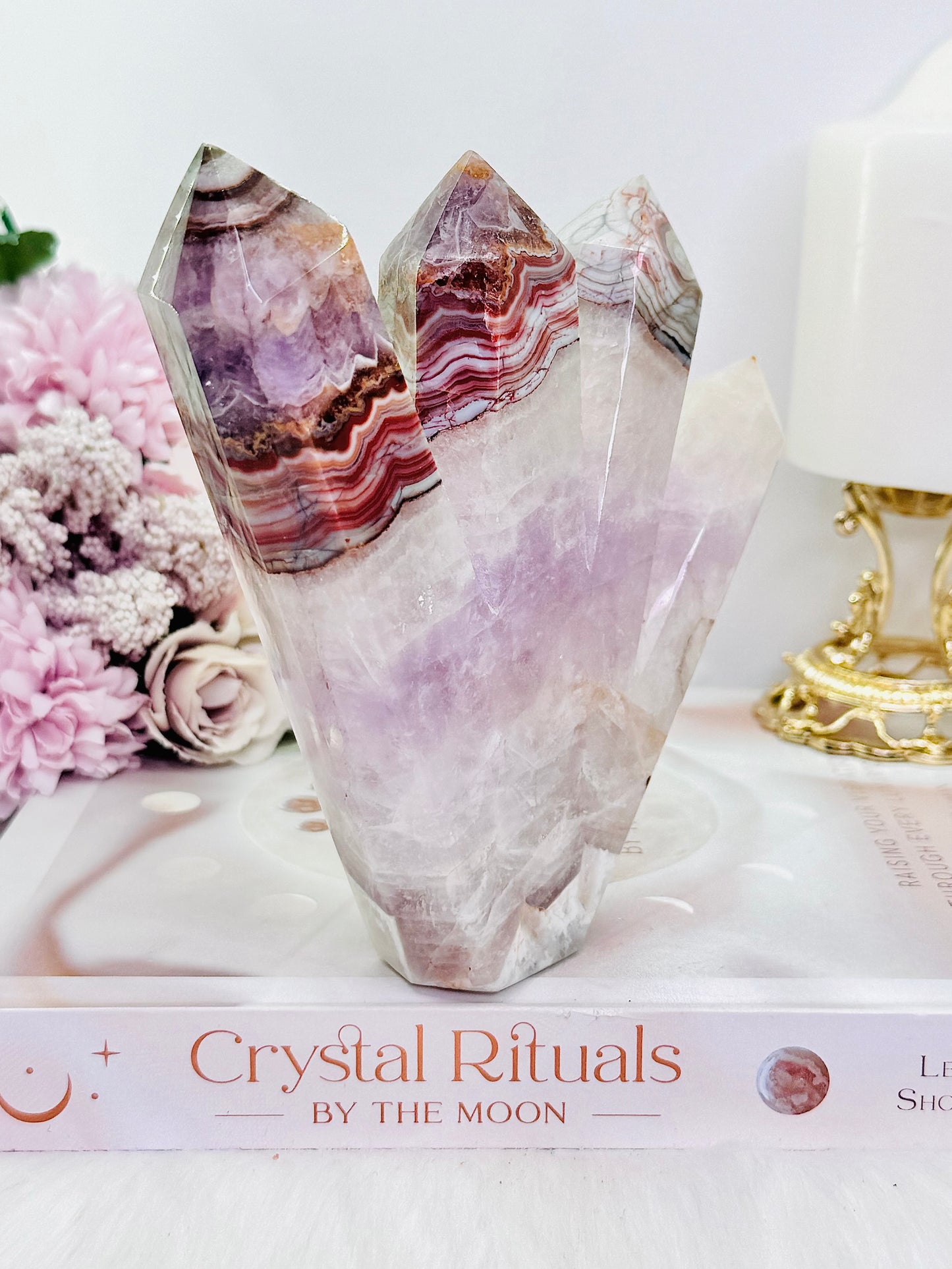 Incredible & Absolutely Gorgeous Large 13cm Amethyst X Mexican Lace Agate 4 Point Tower Just Spectacular