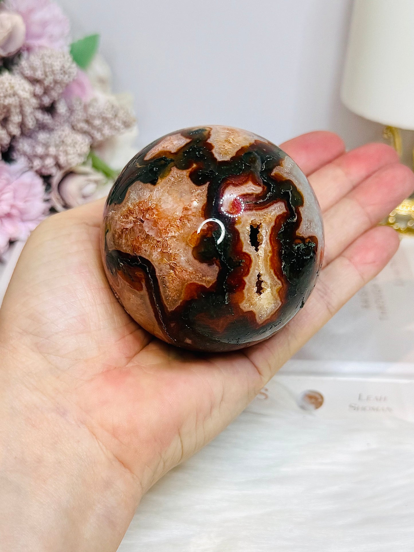 Large Red Moss Agate Druzy Sphere on Stand 452g